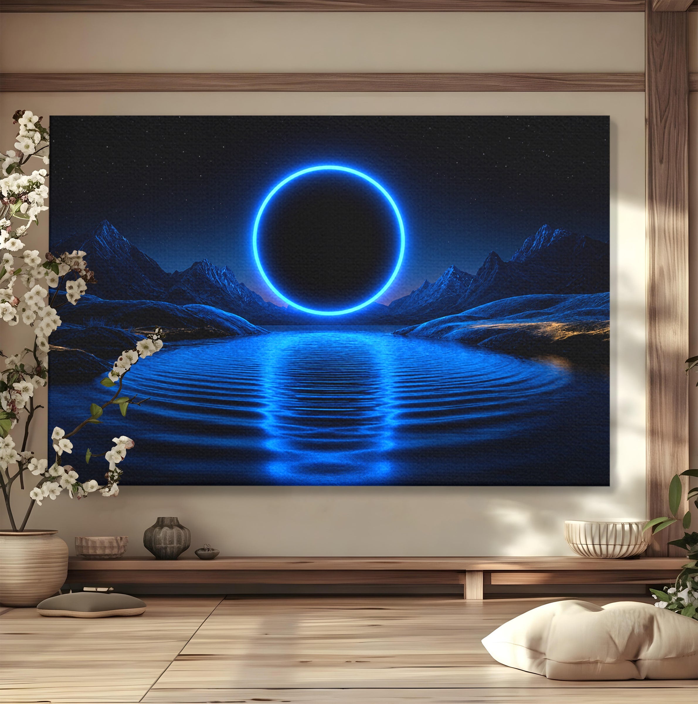 Tablou Canvas Premium LuxCanva® S1028, Eclipsa Luminata, Peisaj, Noapte, Fantast, Lac, Living, Dormitor, Culori Vibrante