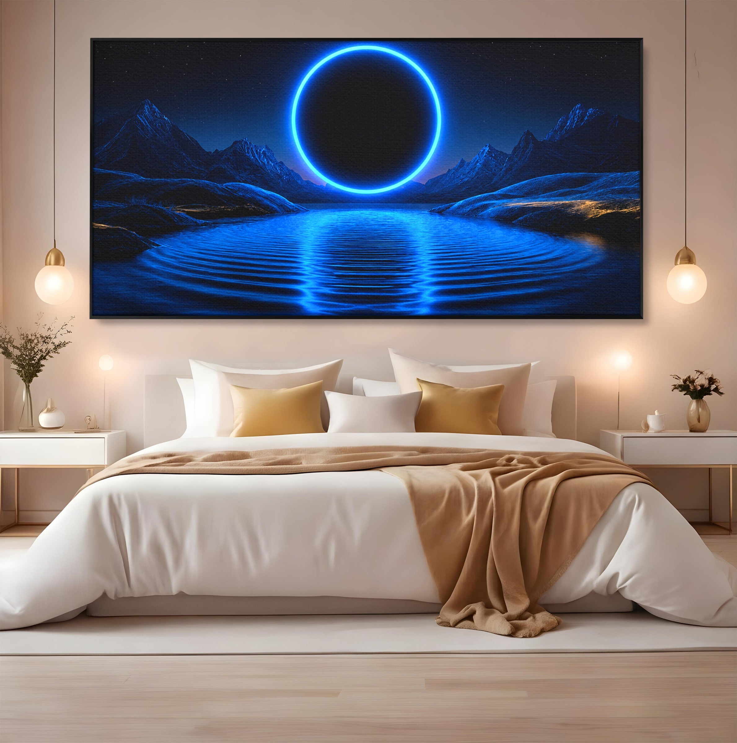 Tablou Canvas Premium LuxCanva® S1028, Eclipsa Luminata, Peisaj, Noapte, Fantast, Lac, Living, Dormitor, Culori Vibrante