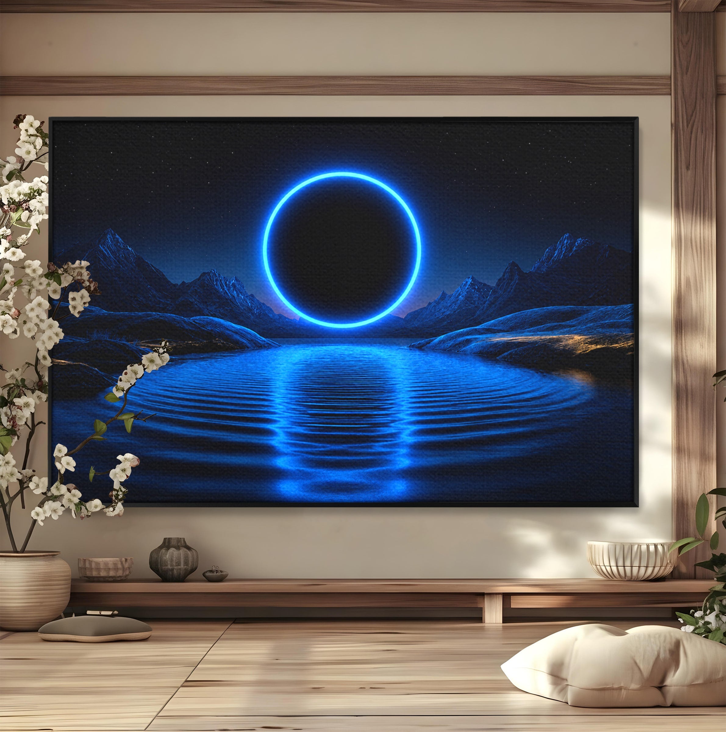 Tablou Canvas Premium LuxCanva® S1028, Eclipsa Luminata, Peisaj, Noapte, Fantast, Lac, Living, Dormitor, Culori Vibrante