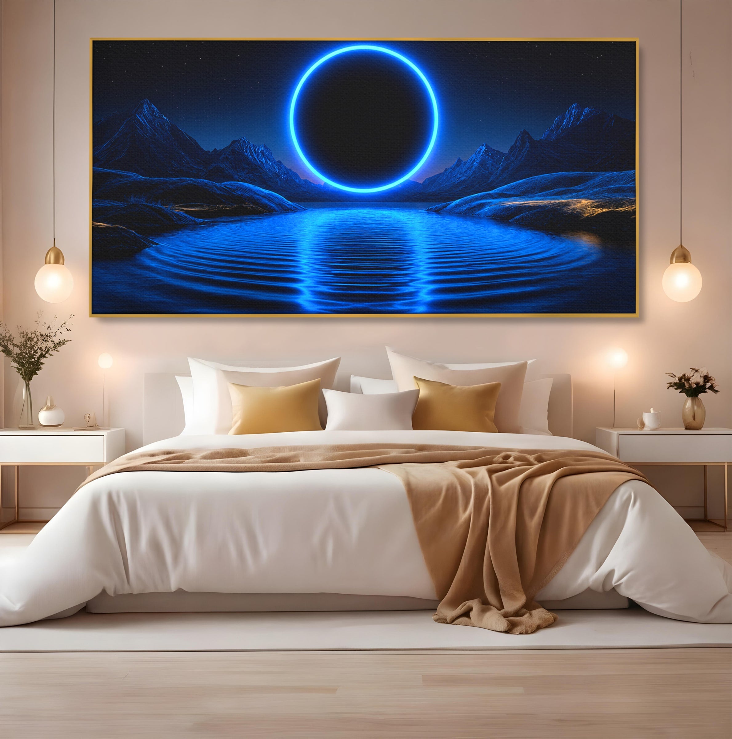 Tablou Canvas Premium LuxCanva® S1028, Eclipsa Luminata, Peisaj, Noapte, Fantast, Lac, Living, Dormitor, Culori Vibrante