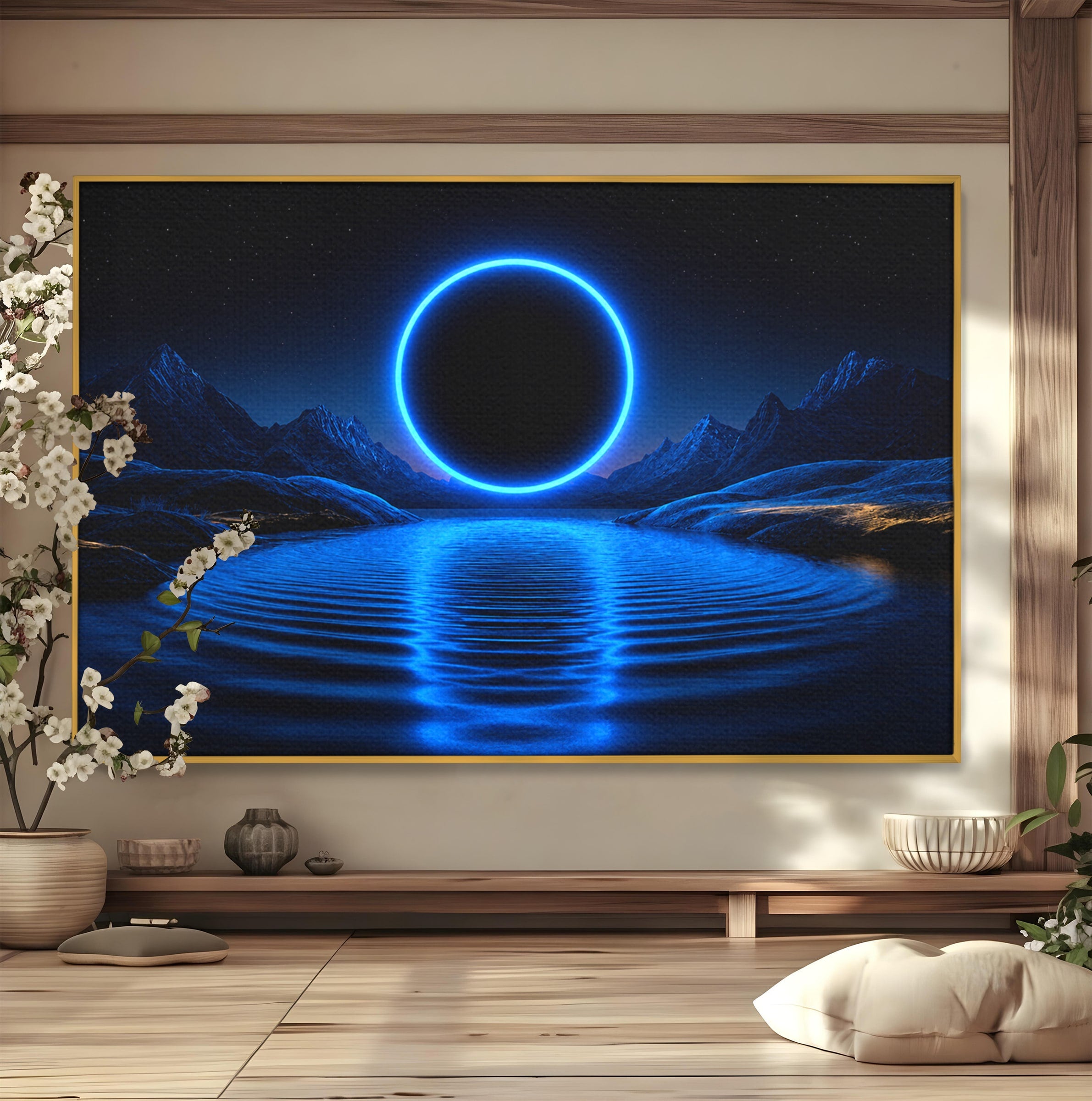 Tablou Canvas Premium LuxCanva® S1028, Eclipsa Luminata, Peisaj, Noapte, Fantast, Lac, Living, Dormitor, Culori Vibrante
