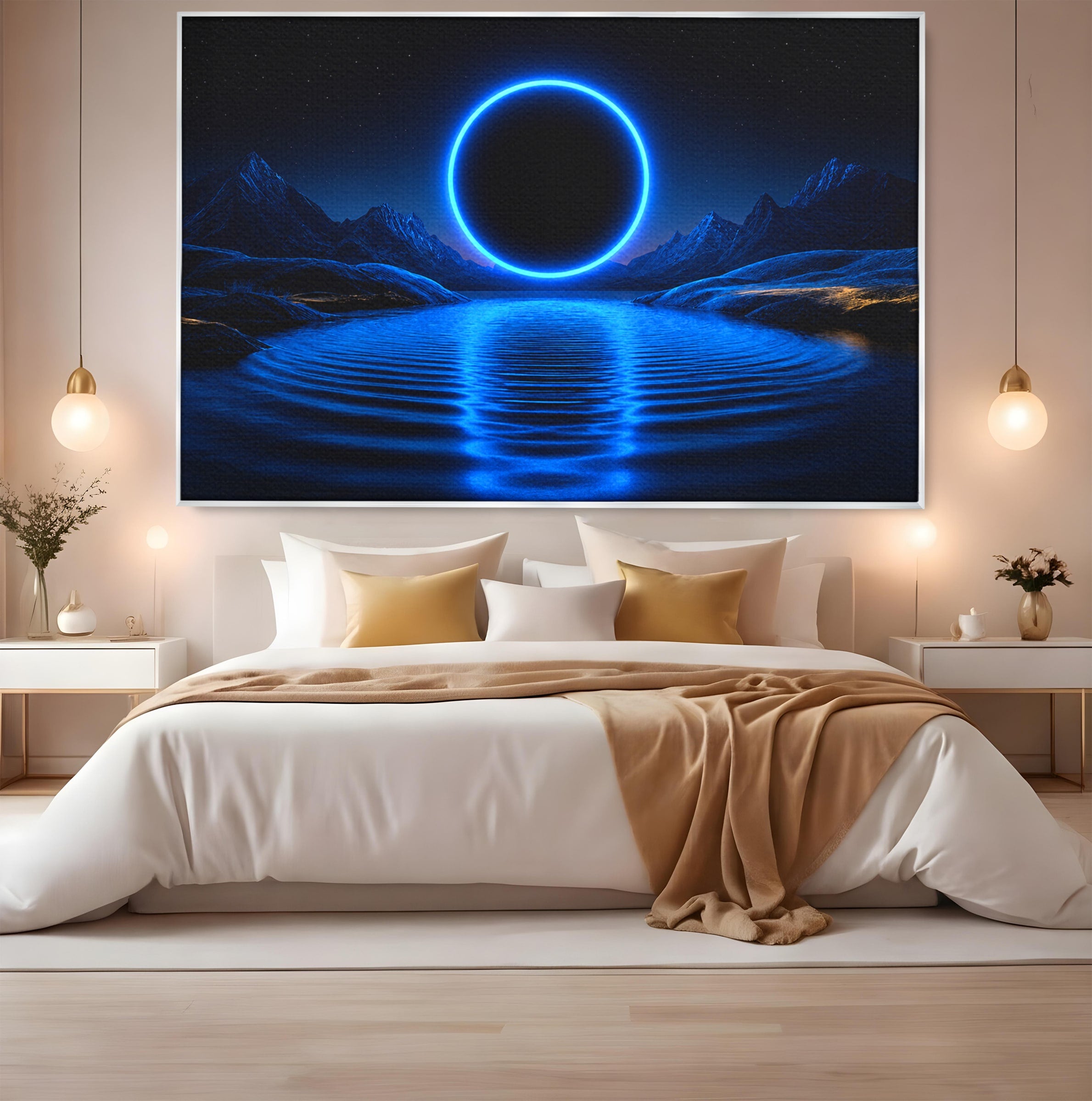 Tablou Canvas Premium LuxCanva® S1028, Eclipsa Luminata, Peisaj, Noapte, Fantast, Lac, Living, Dormitor, Culori Vibrante