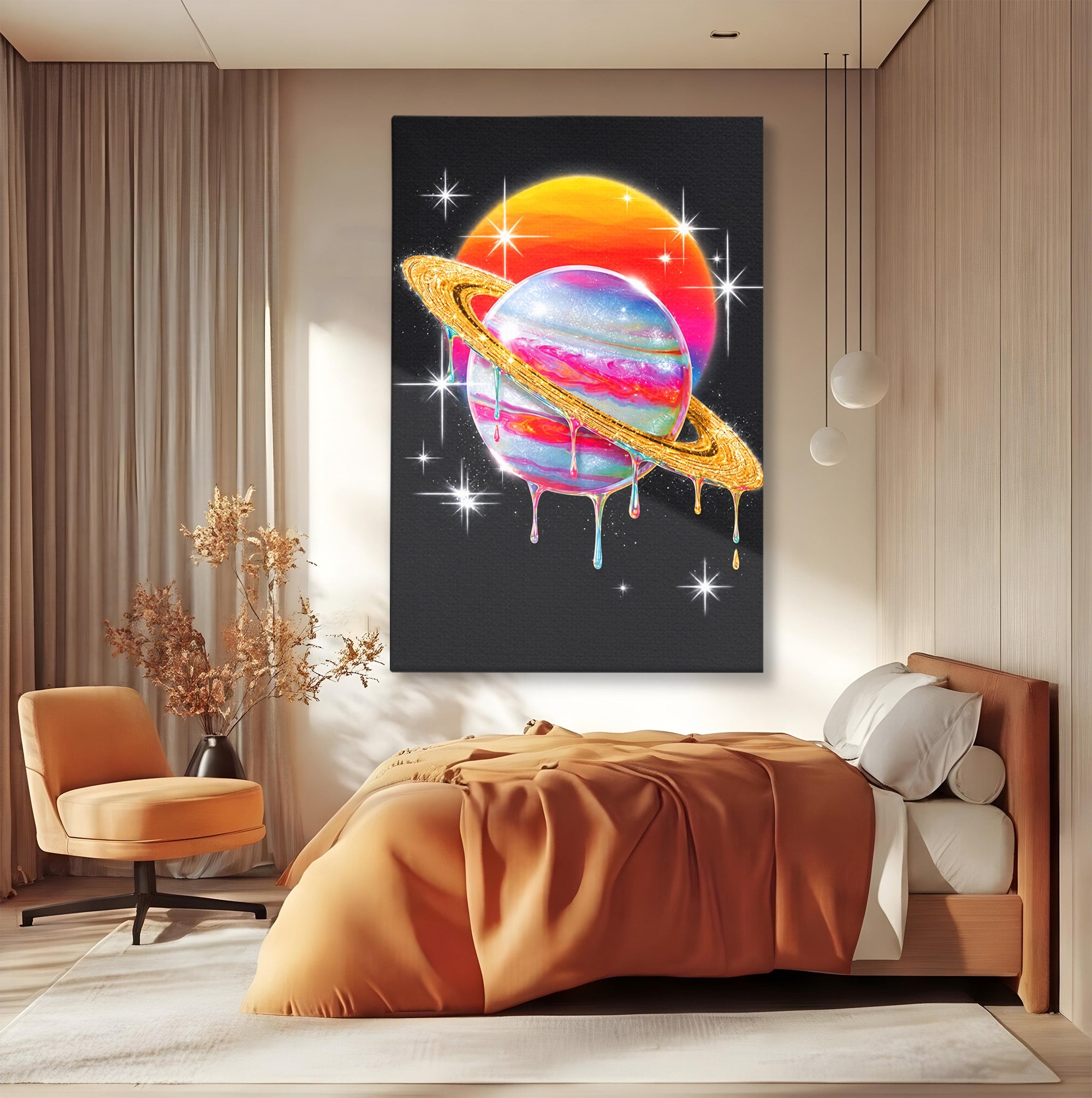 Tablou Canvas Premium LuxCanva® S1032, Planeta Curcubeu, Planeta, Spatiu, Culori, Fantezie, Dormitor, Culori Vibrante