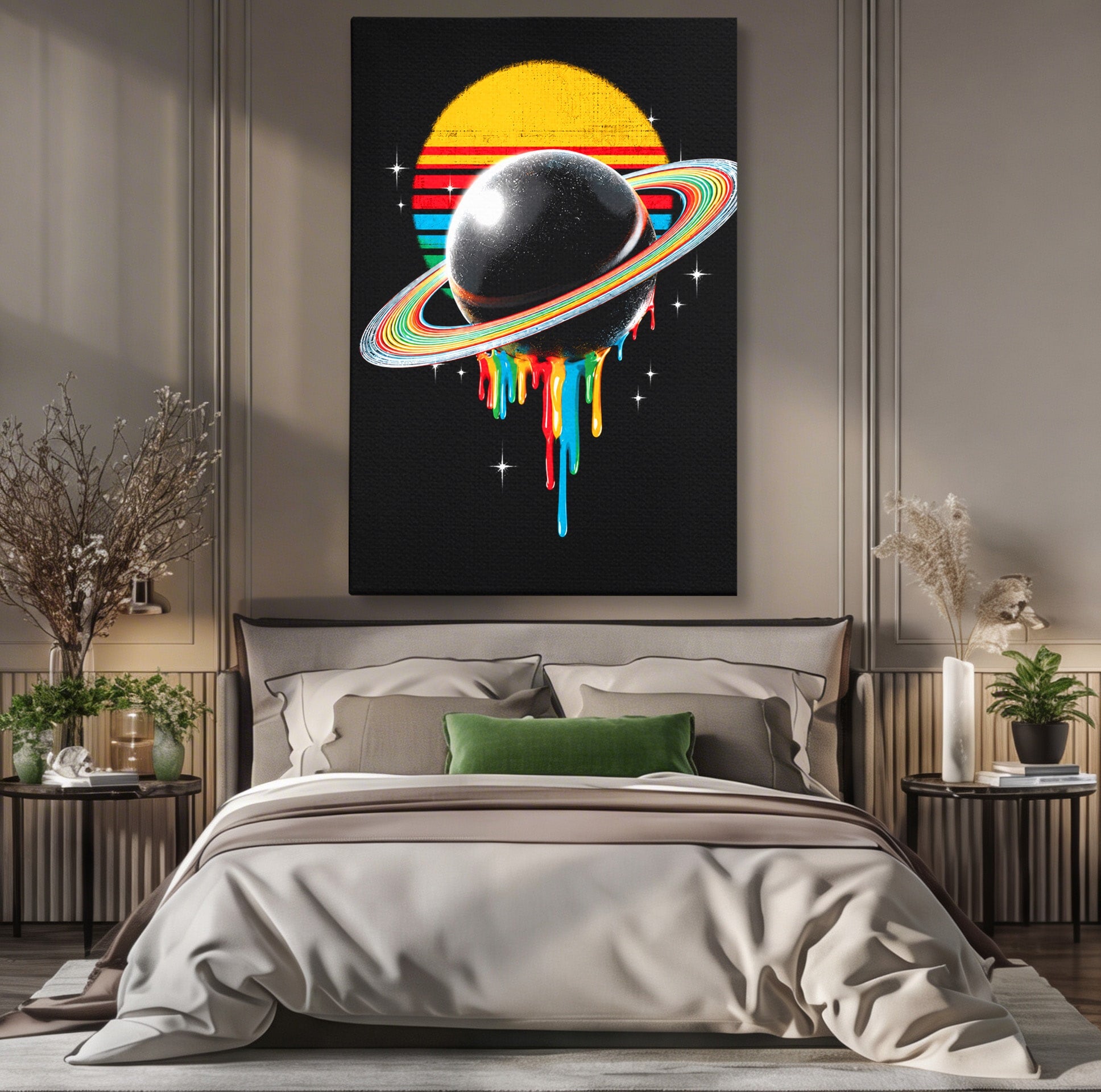 Tablou Canvas Premium LuxCanva® S1033, Saturn Curcubeu, Planeta, Abstract, Spatiu, Univers, Dormitor, Culori Vibrante