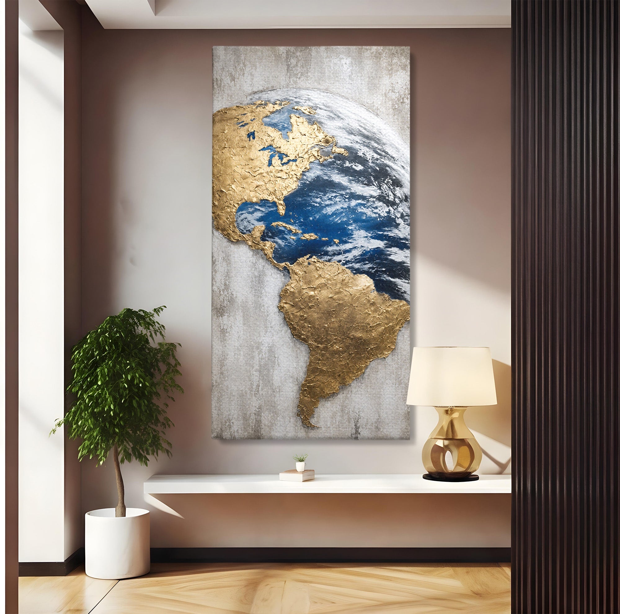 Tablou Canvas Premium LuxCanva® S1034, Planeta Aurie, Planeta, Glob, Arta Abstracta, Birou, Modern, Culori Vibrante