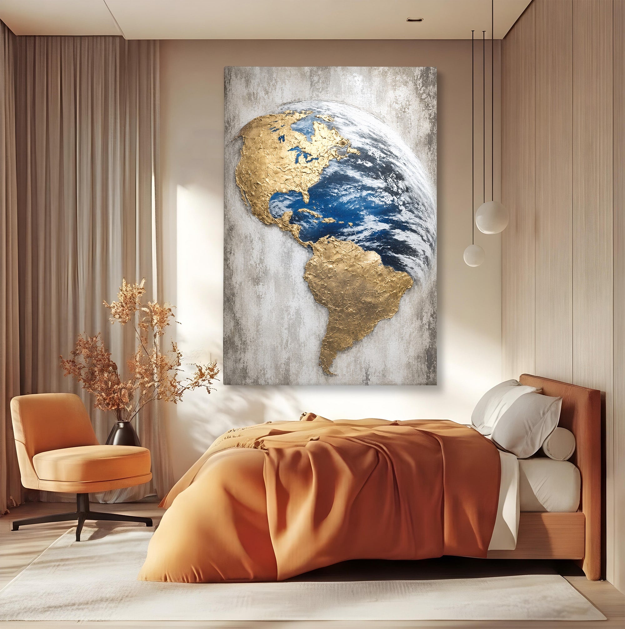 Tablou Canvas Premium LuxCanva® S1034, Planeta Aurie, Planeta, Glob, Arta Abstracta, Birou, Modern, Culori Vibrante