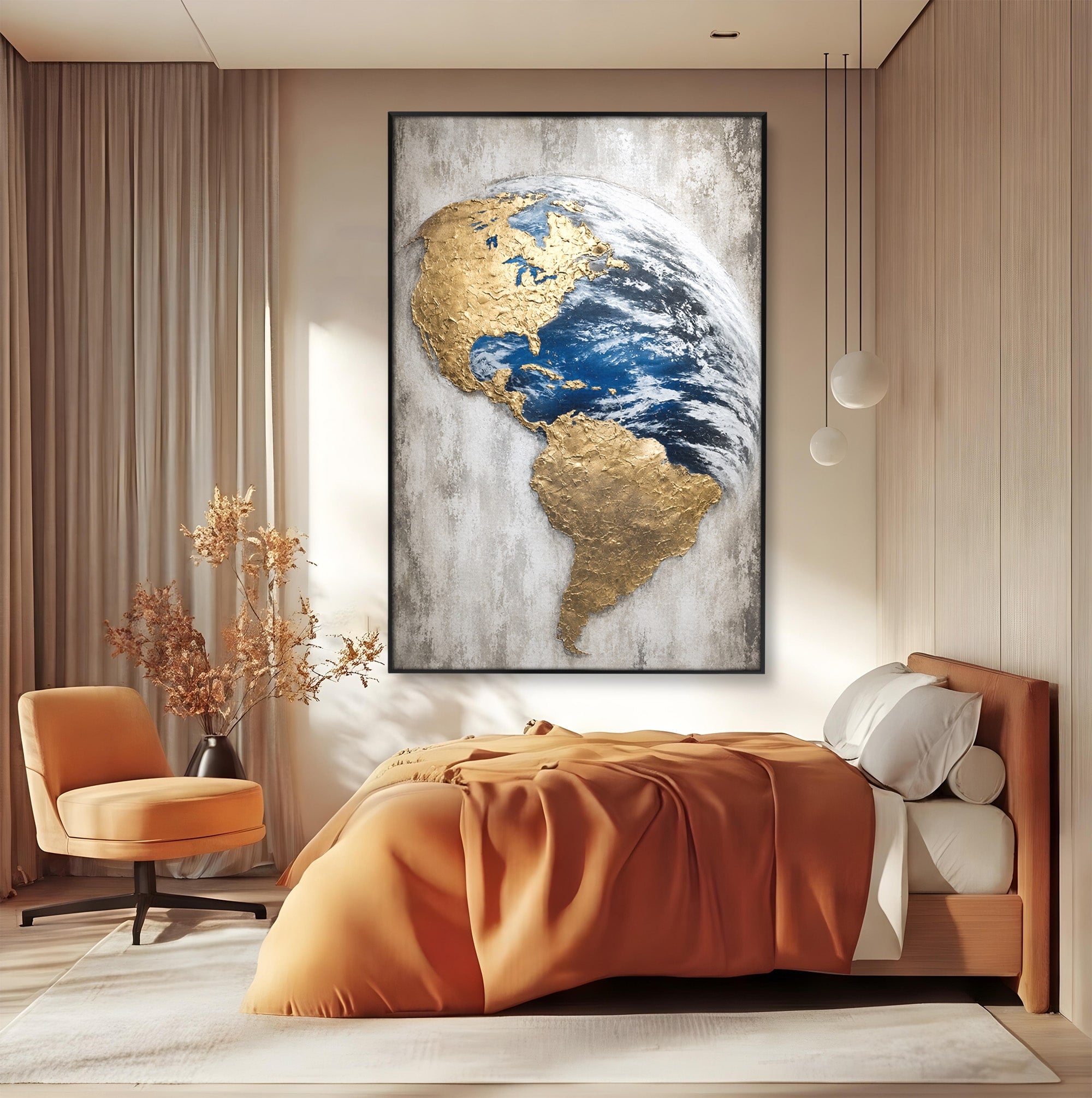 Tablou Canvas Premium LuxCanva® S1034, Planeta Aurie, Planeta, Glob, Arta Abstracta, Birou, Modern, Culori Vibrante