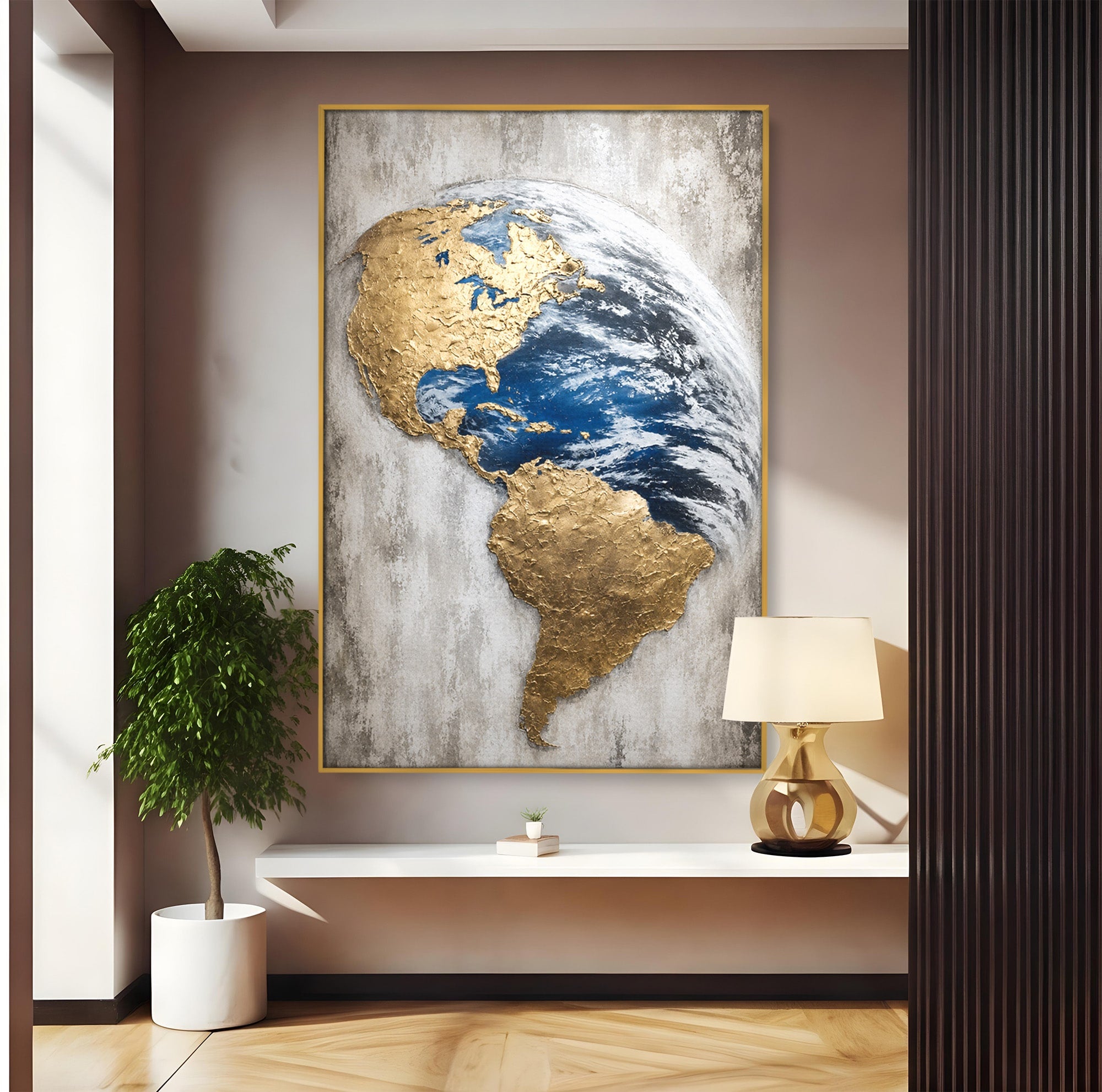 Tablou Canvas Premium LuxCanva® S1034, Planeta Aurie, Planeta, Glob, Arta Abstracta, Birou, Modern, Culori Vibrante
