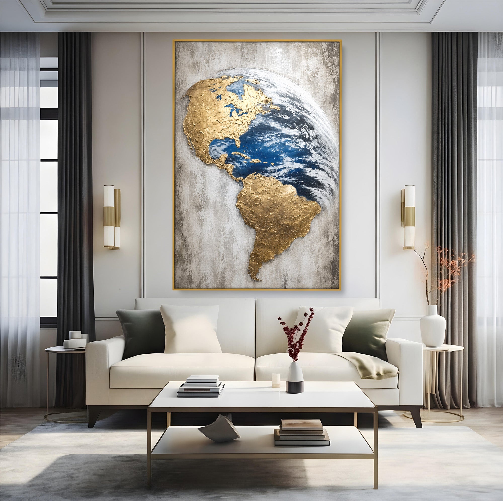 Tablou Canvas Premium LuxCanva® S1034, Planeta Aurie, Planeta, Glob, Arta Abstracta, Birou, Modern, Culori Vibrante