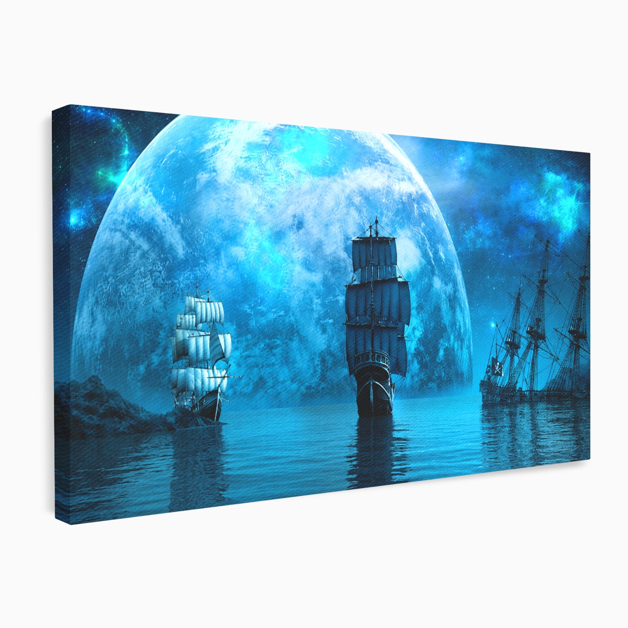 Tablou Canvas Premium LuxCanva® S1038, Corabii Spre Luna, Corabii, Luna, Ocean, Mister, Living, Culori Vibrante