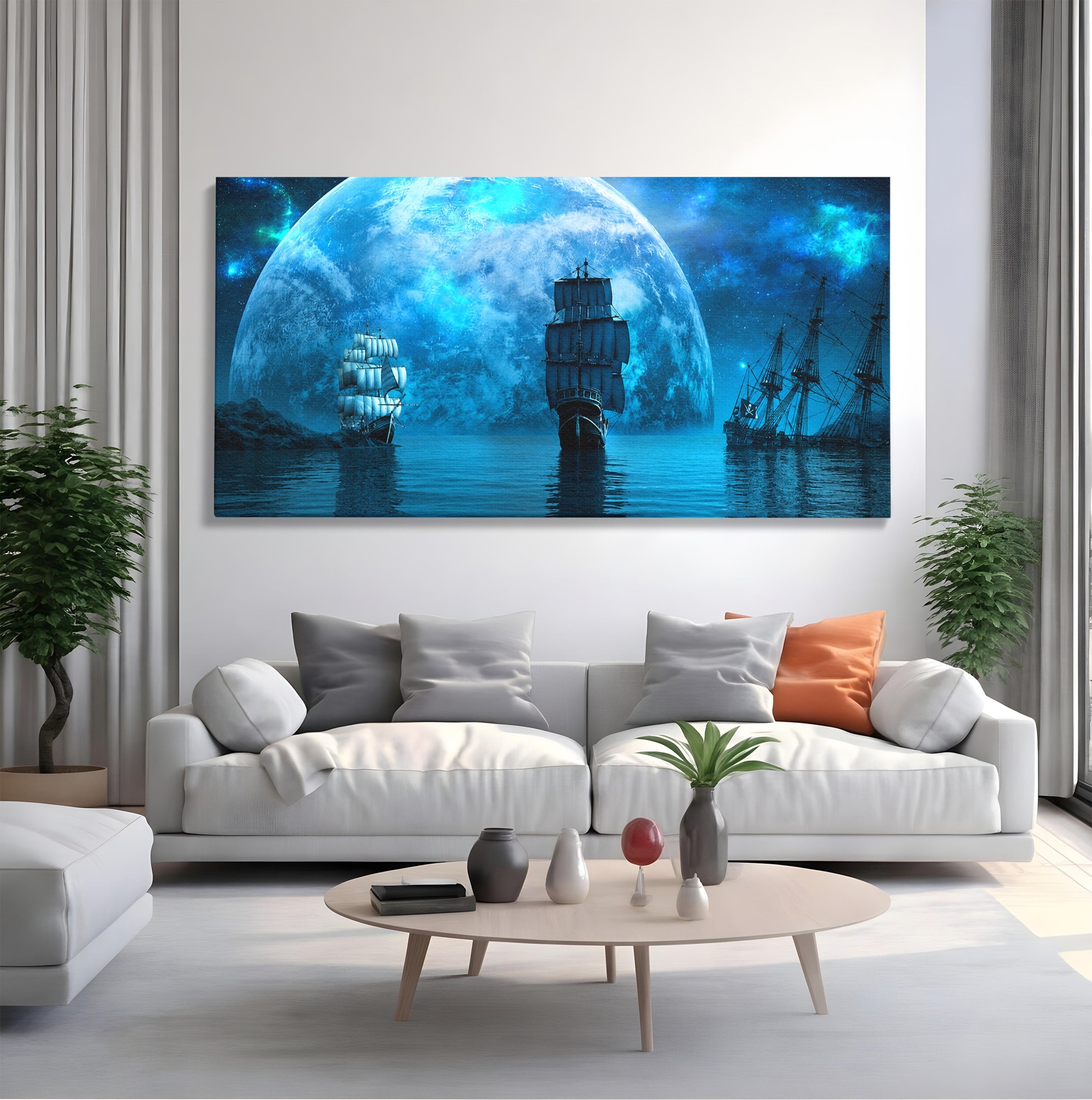 Tablou Canvas Premium LuxCanva® S1038, Corabii Spre Luna, Corabii, Luna, Ocean, Mister, Living, Culori Vibrante