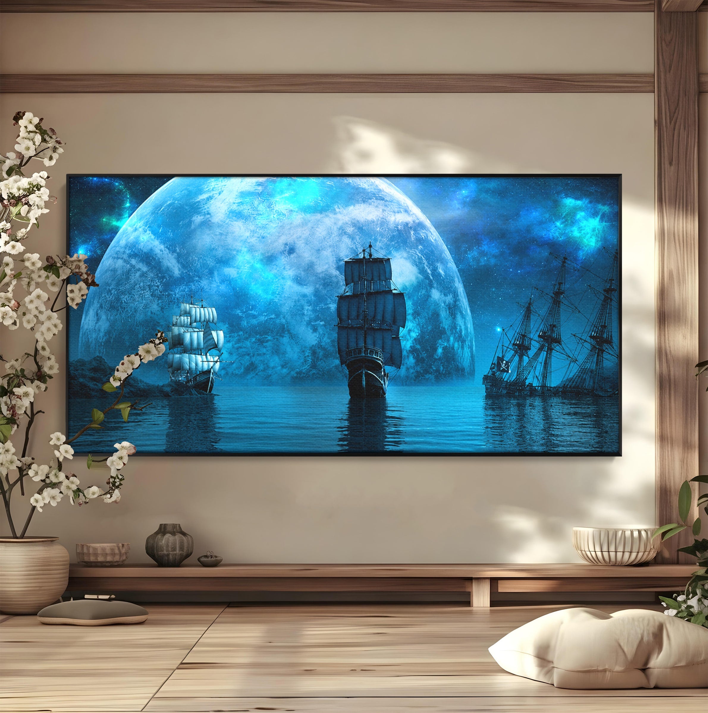 Tablou Canvas Premium LuxCanva® S1038, Corabii Spre Luna, Corabii, Luna, Ocean, Mister, Living, Culori Vibrante