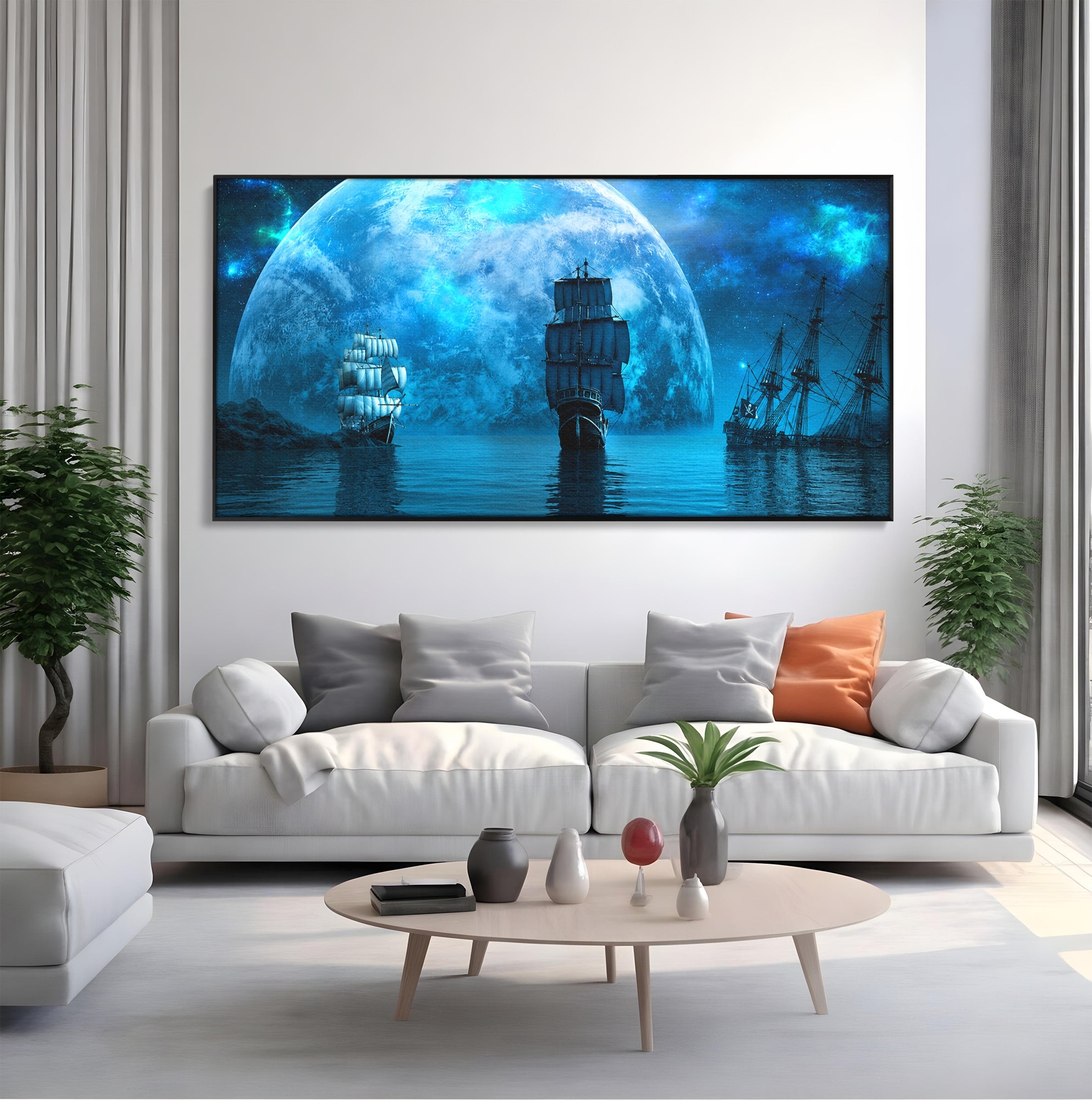 Tablou Canvas Premium LuxCanva® S1038, Corabii Spre Luna, Corabii, Luna, Ocean, Mister, Living, Culori Vibrante