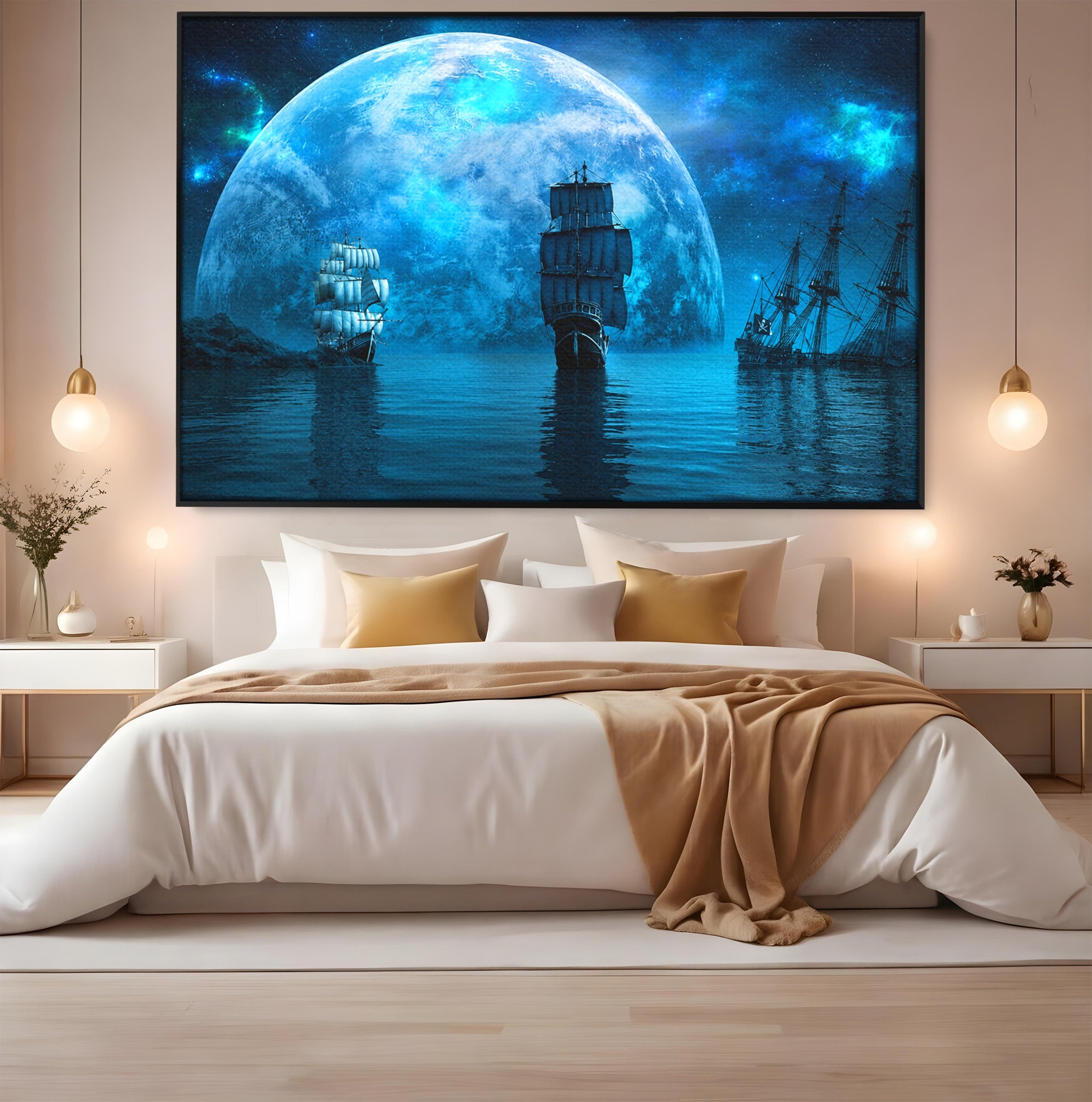 Tablou Canvas Premium LuxCanva® S1038, Corabii Spre Luna, Corabii, Luna, Ocean, Mister, Living, Culori Vibrante