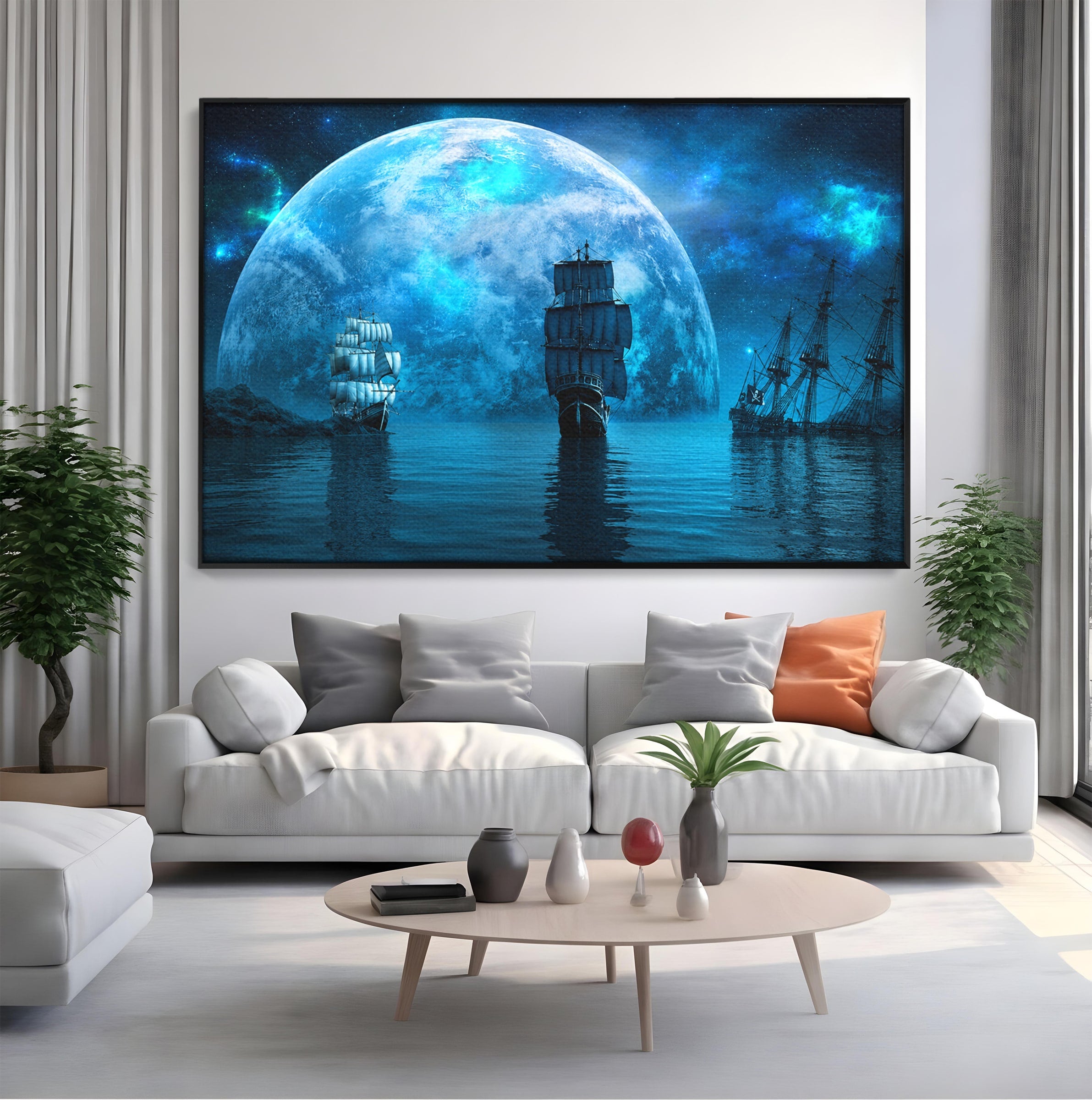 Tablou Canvas Premium LuxCanva® S1038, Corabii Spre Luna, Corabii, Luna, Ocean, Mister, Living, Culori Vibrante