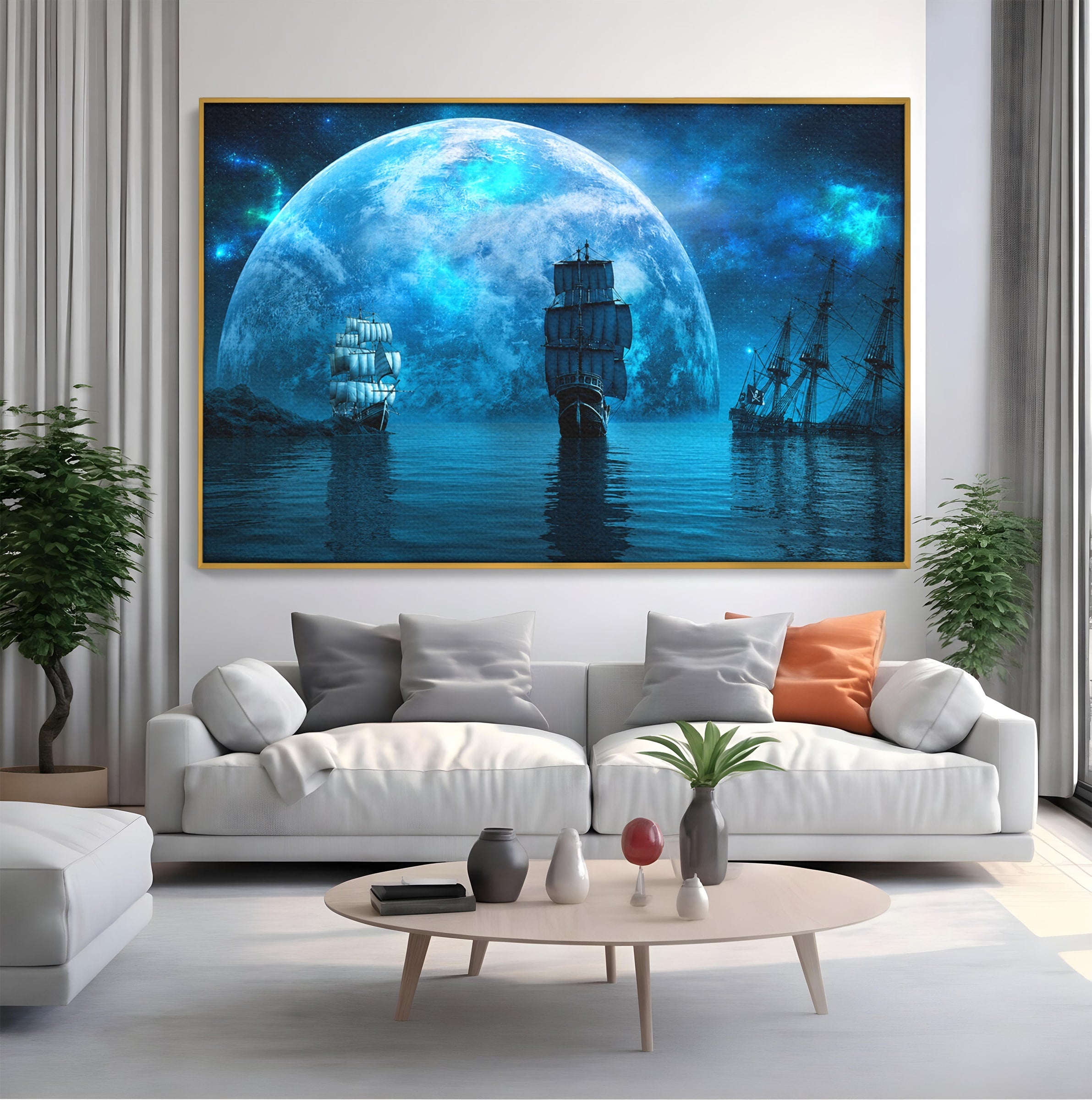 Tablou Canvas Premium LuxCanva® S1038, Corabii Spre Luna, Corabii, Luna, Ocean, Mister, Living, Culori Vibrante