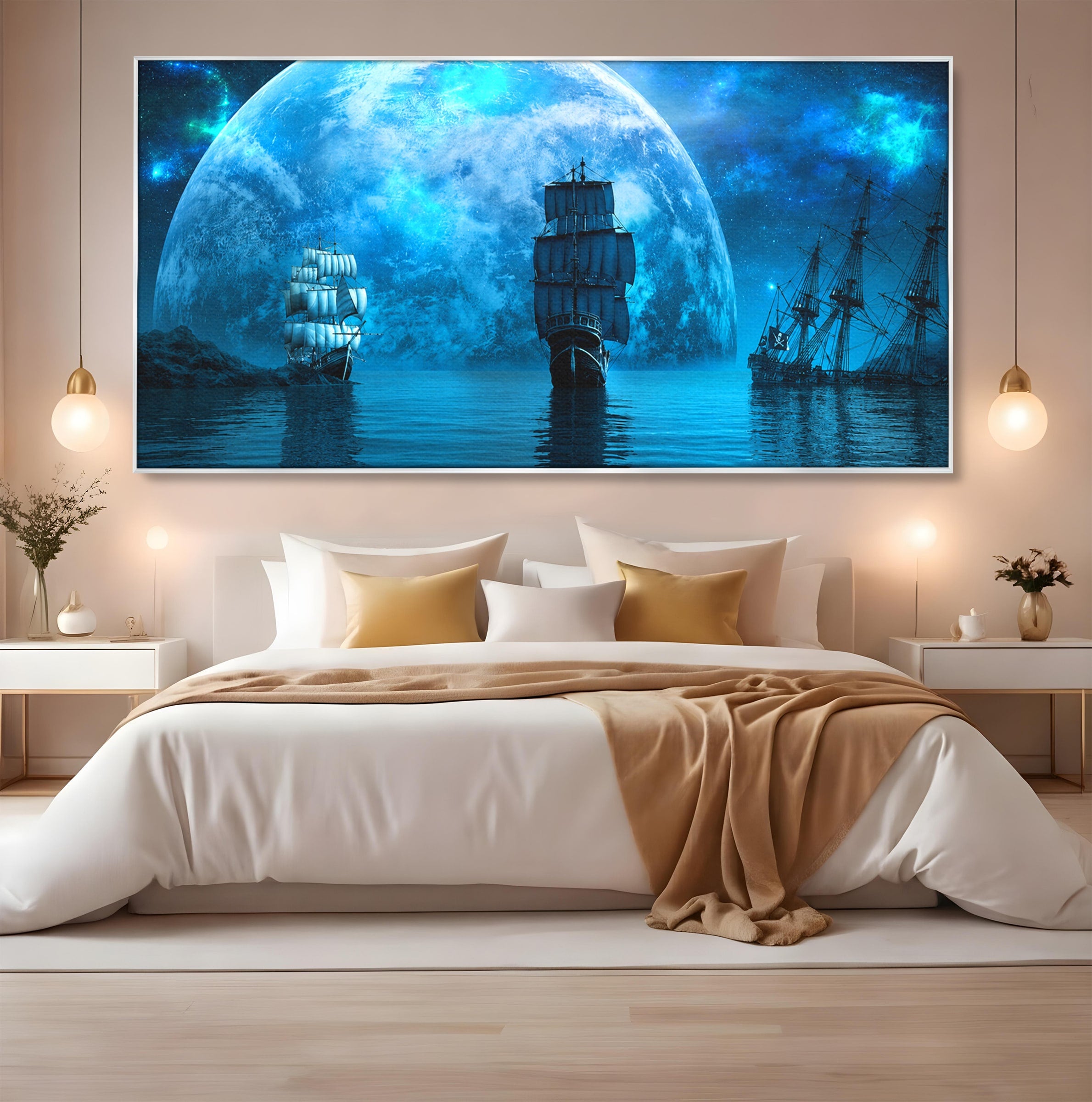 Tablou Canvas Premium LuxCanva® S1038, Corabii Spre Luna, Corabii, Luna, Ocean, Mister, Living, Culori Vibrante