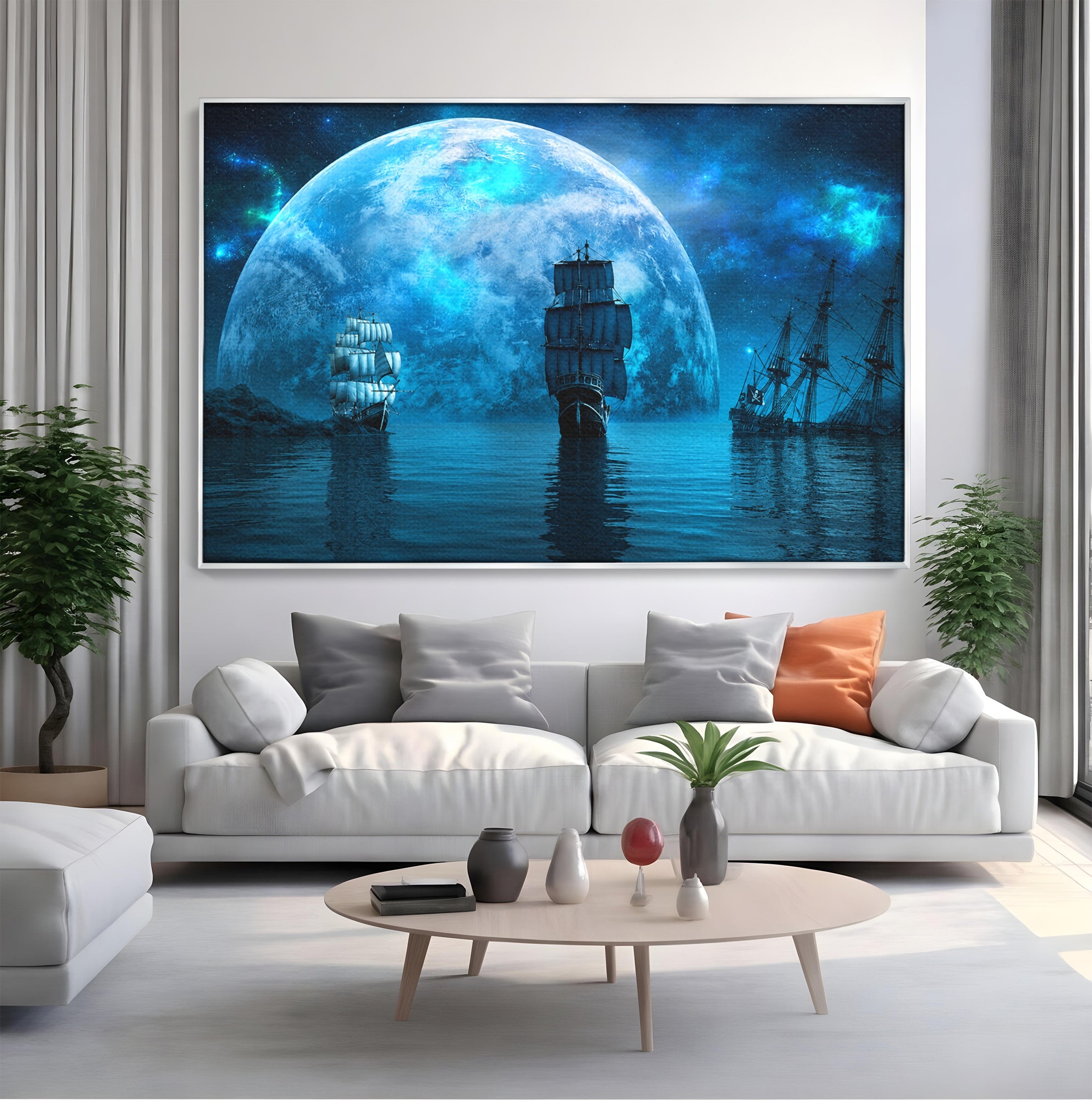 Tablou Canvas Premium LuxCanva® S1038, Corabii Spre Luna, Corabii, Luna, Ocean, Mister, Living, Culori Vibrante