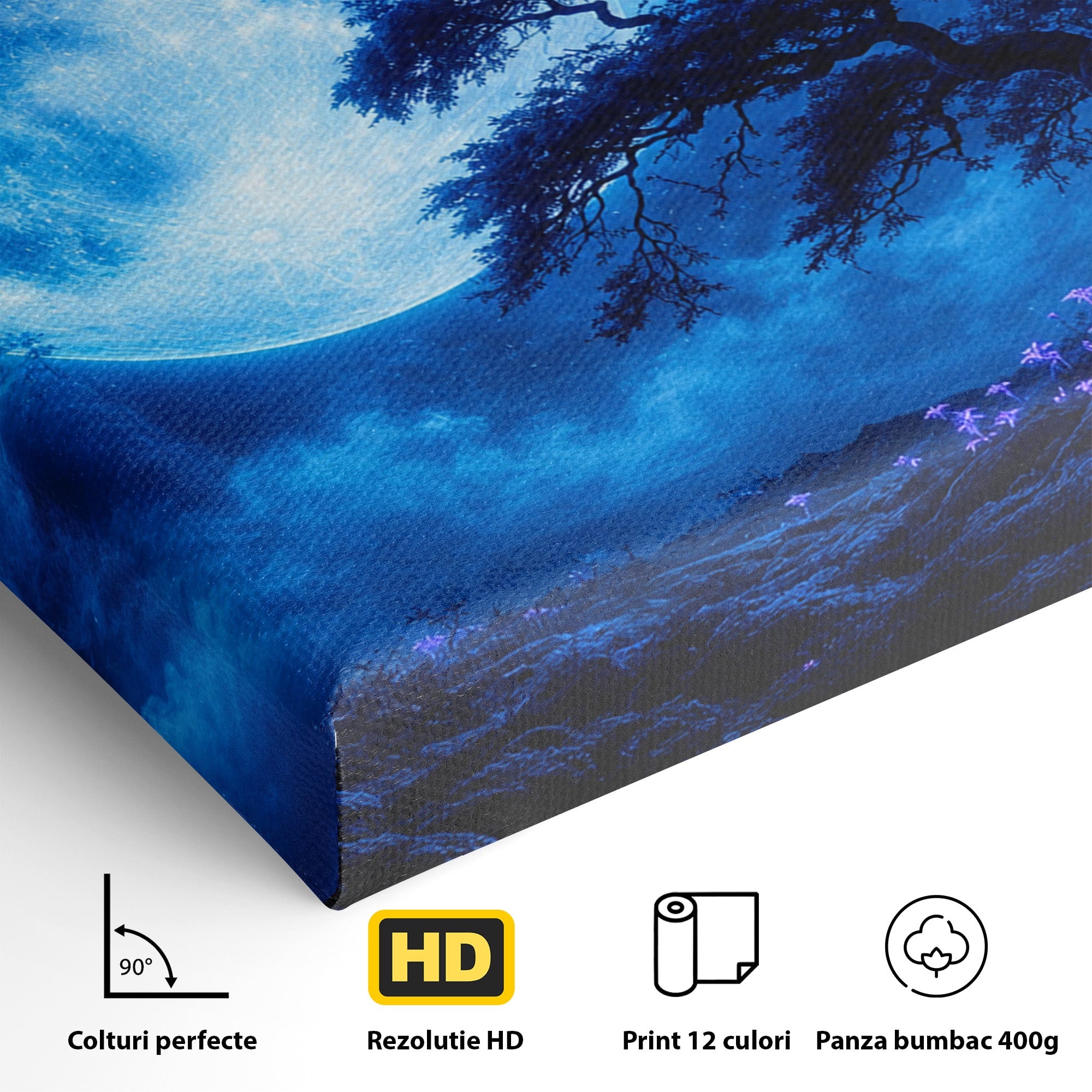 Tablou Canvas Premium LuxCanva® S1040, Luna Albastra, Luna, Copac, Noapte, Peisaj, Living, Culori Vibrante