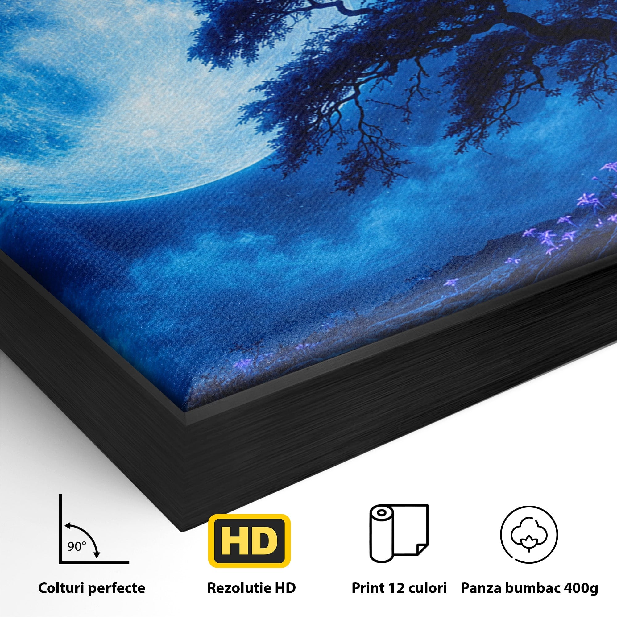 Tablou Canvas Premium LuxCanva® S1040, Luna Albastra, Luna, Copac, Noapte, Peisaj, Living, Culori Vibrante