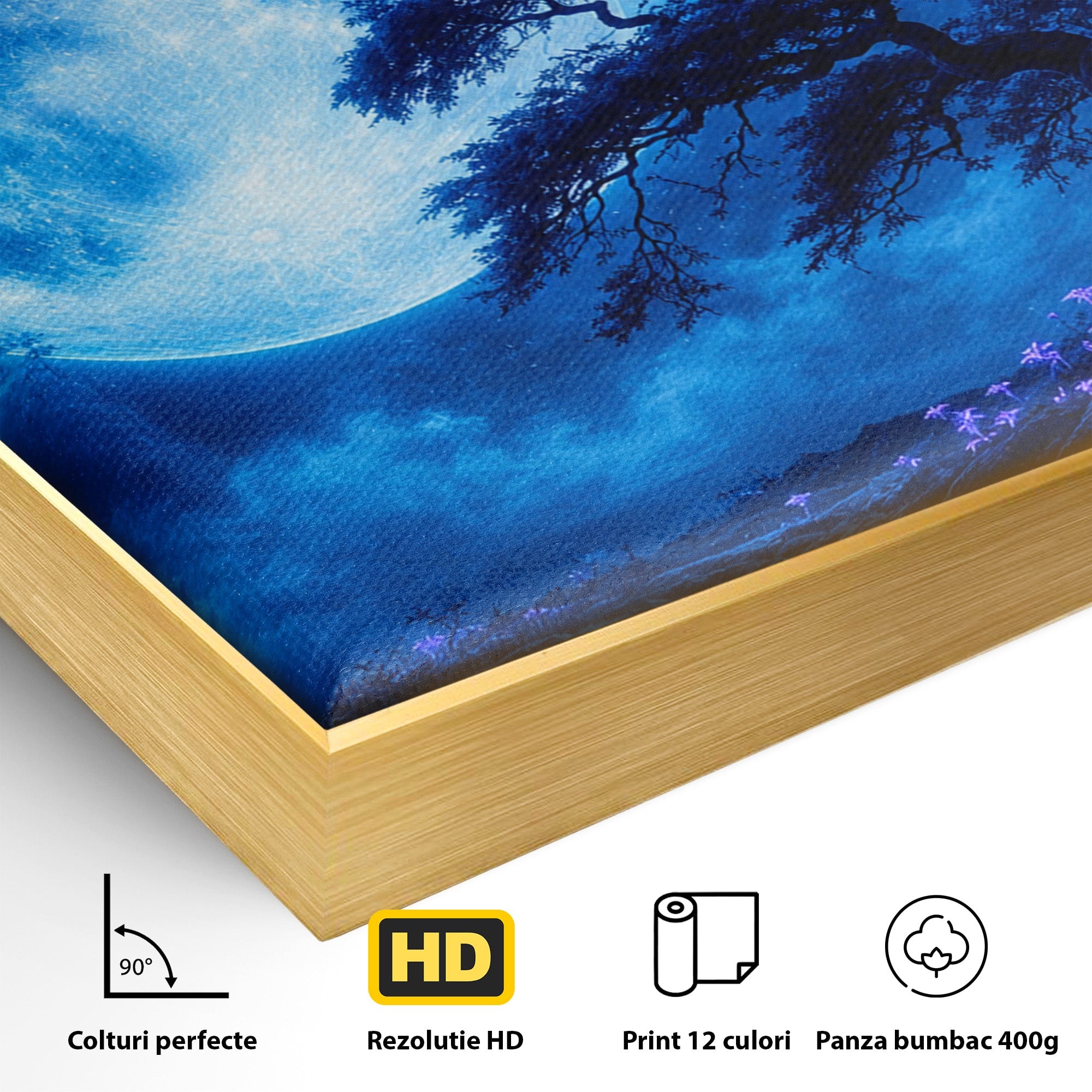 Tablou Canvas Premium LuxCanva® S1040, Luna Albastra, Luna, Copac, Noapte, Peisaj, Living, Culori Vibrante