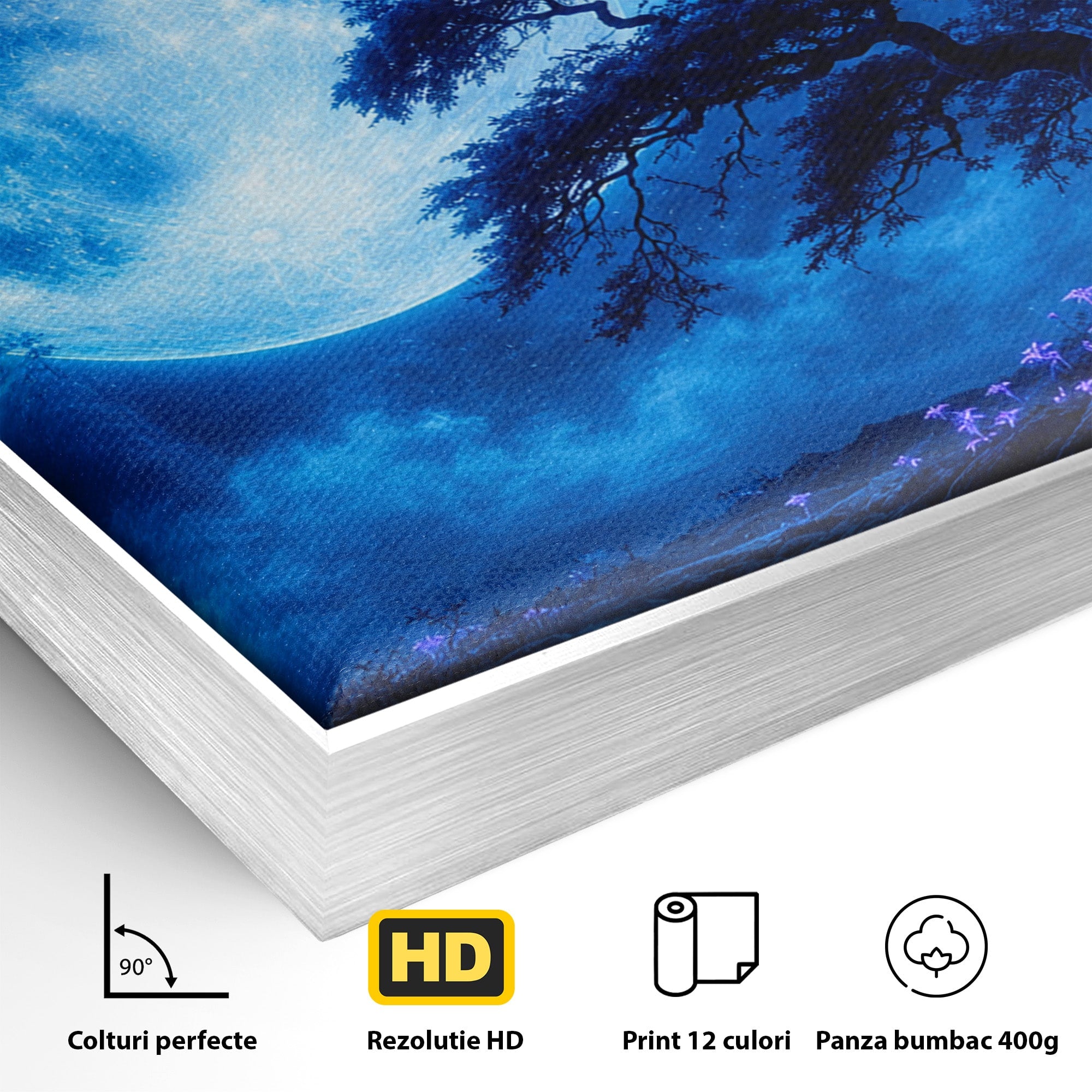 Tablou Canvas Premium LuxCanva® S1040, Luna Albastra, Luna, Copac, Noapte, Peisaj, Living, Culori Vibrante
