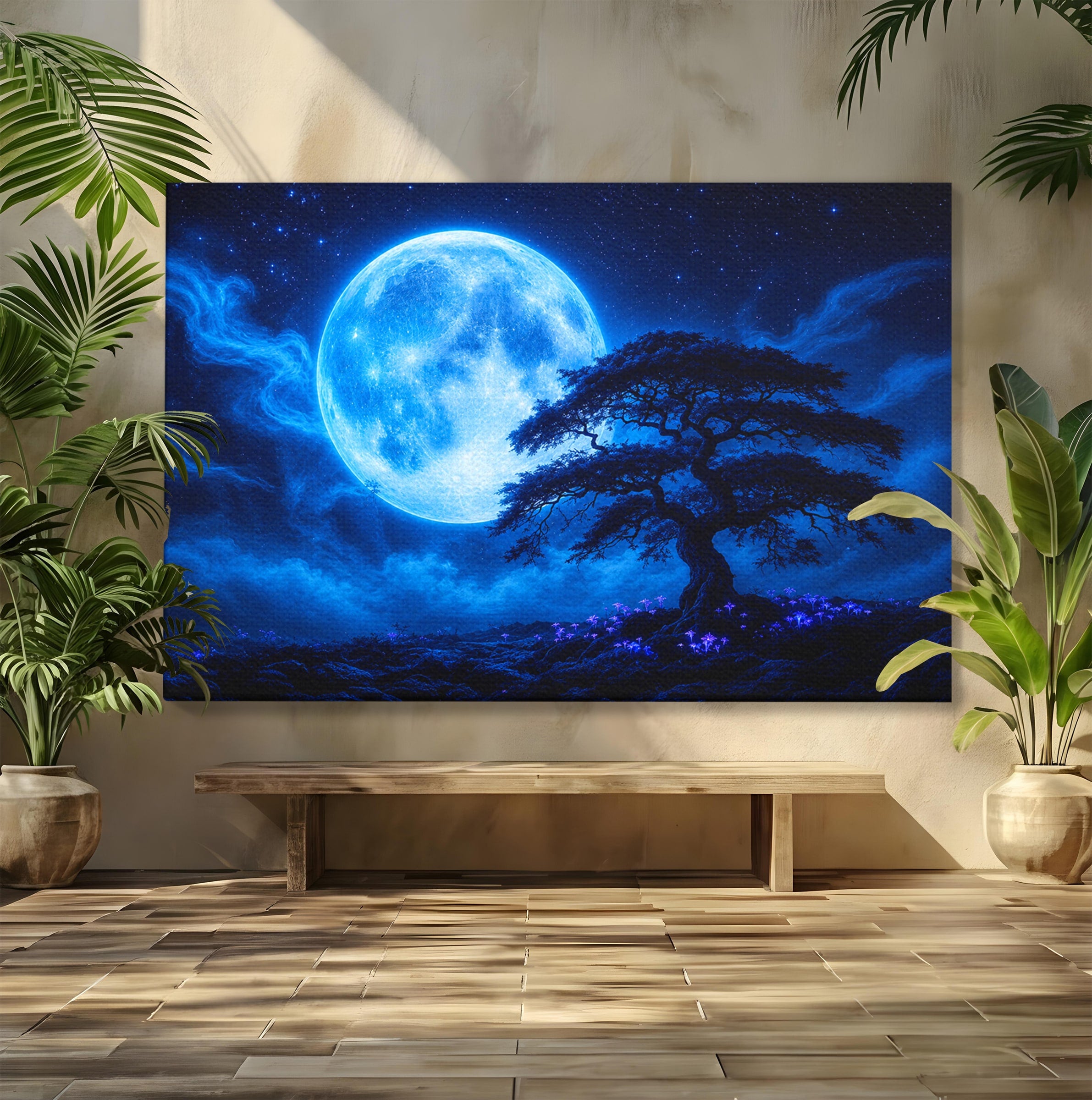 Tablou Canvas Premium LuxCanva® S1040, Luna Albastra, Luna, Copac, Noapte, Peisaj, Living, Culori Vibrante