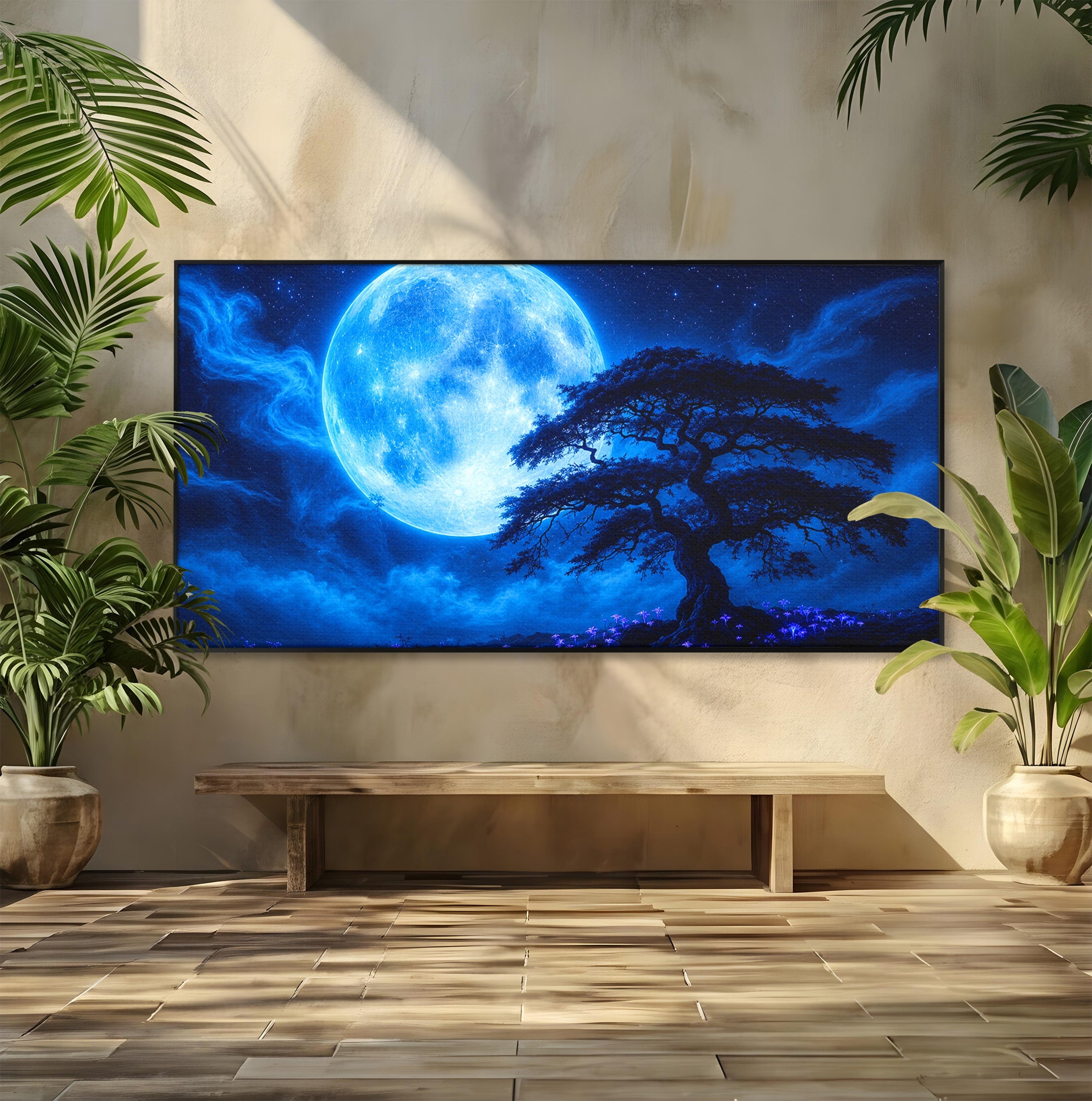 Tablou Canvas Premium LuxCanva® S1040, Luna Albastra, Luna, Copac, Noapte, Peisaj, Living, Culori Vibrante