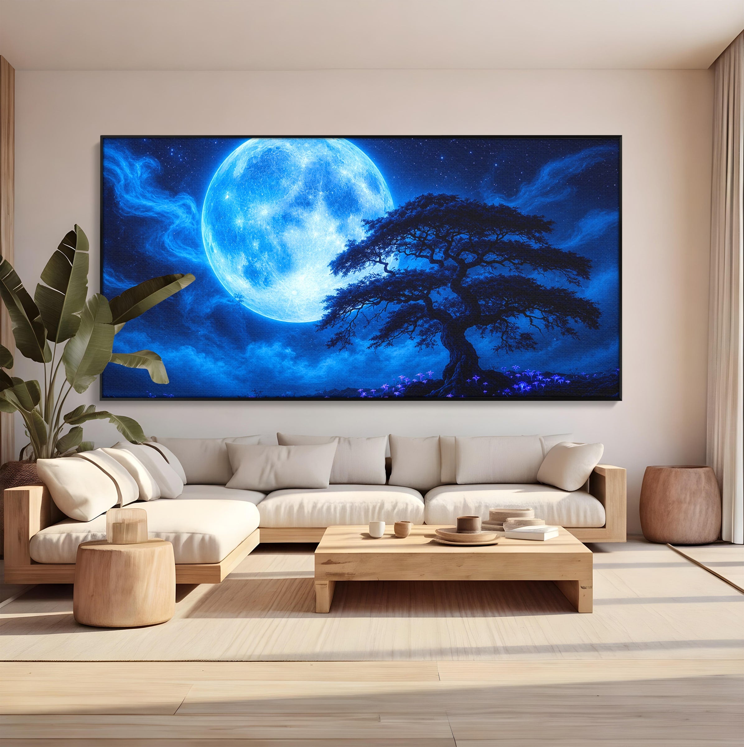 Tablou Canvas Premium LuxCanva® S1040, Luna Albastra, Luna, Copac, Noapte, Peisaj, Living, Culori Vibrante