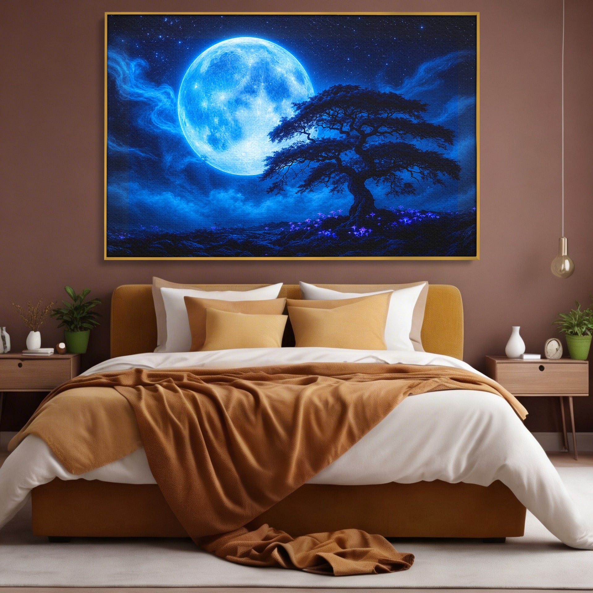 Tablou Canvas Premium LuxCanva® S1040, Luna Albastra, Luna, Copac, Noapte, Peisaj, Living, Culori Vibrante