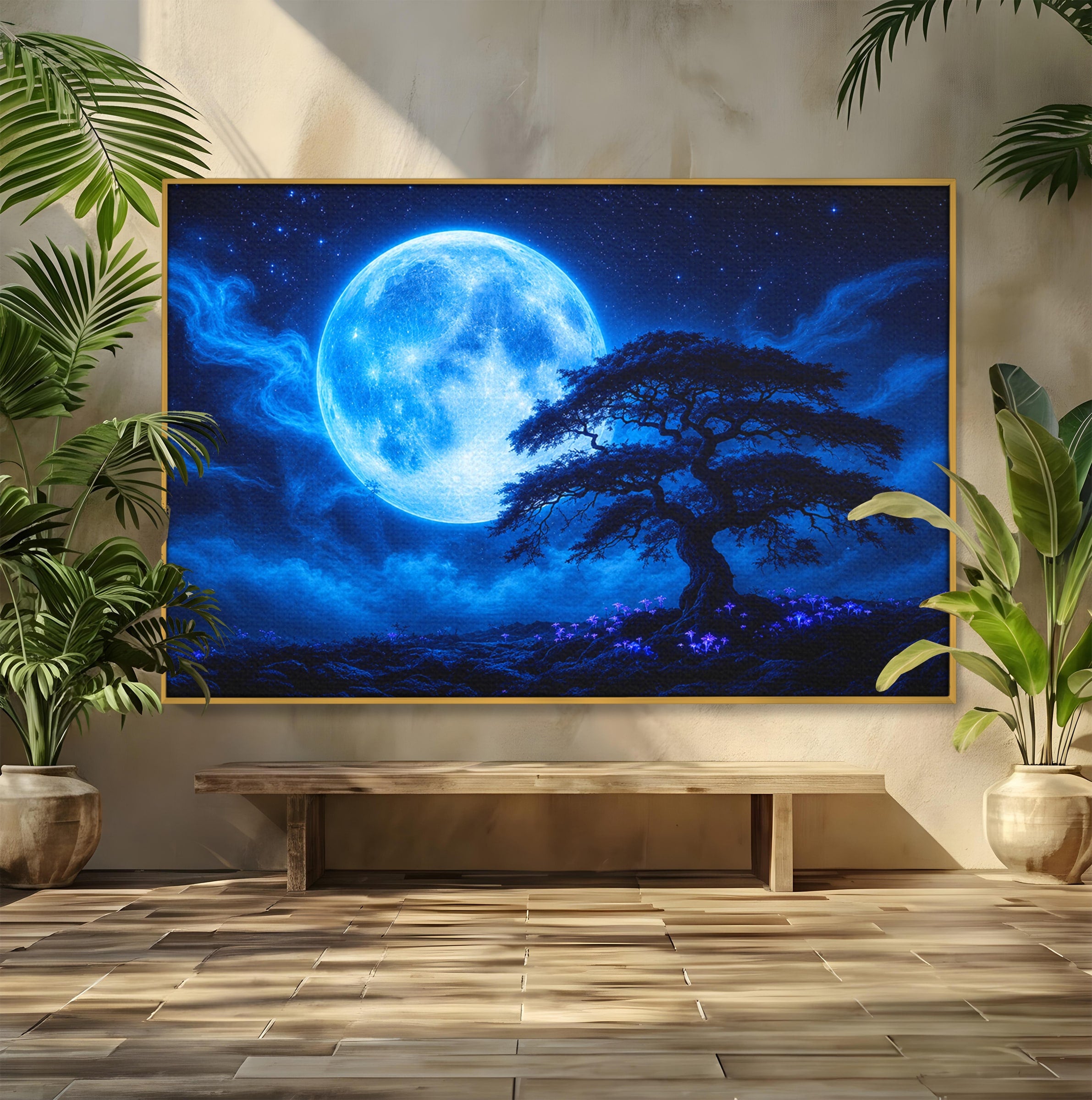 Tablou Canvas Premium LuxCanva® S1040, Luna Albastra, Luna, Copac, Noapte, Peisaj, Living, Culori Vibrante