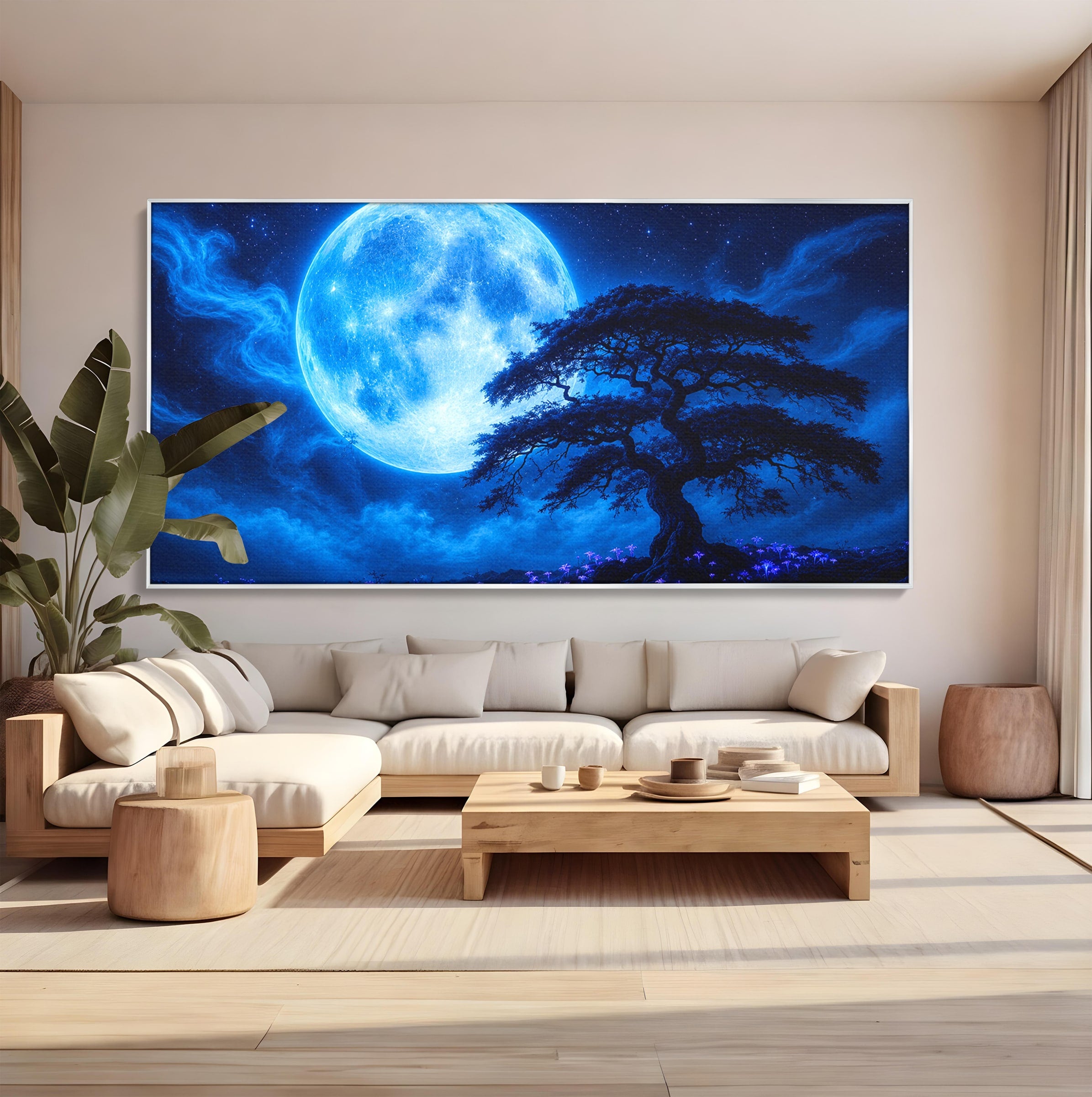 Tablou Canvas Premium LuxCanva® S1040, Luna Albastra, Luna, Copac, Noapte, Peisaj, Living, Culori Vibrante