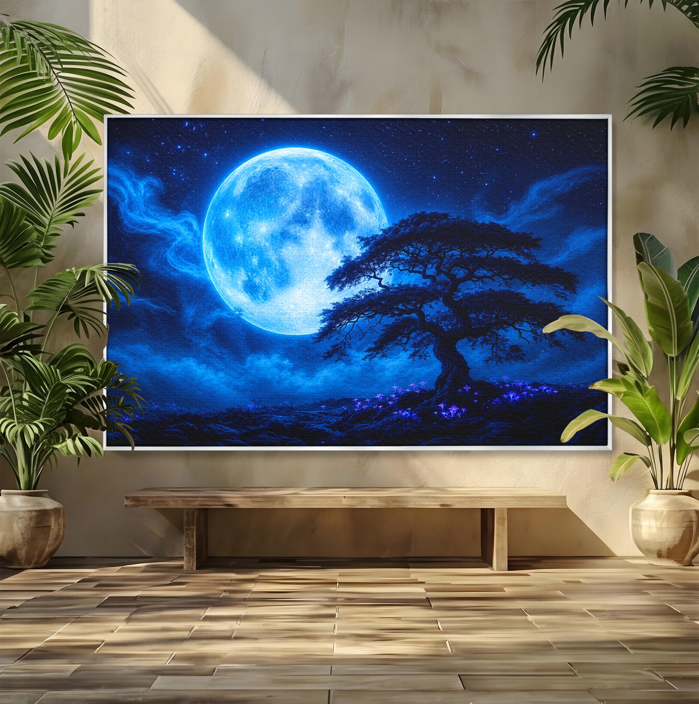 Tablou Canvas Premium LuxCanva® S1040, Luna Albastra, Luna, Copac, Noapte, Peisaj, Living, Culori Vibrante
