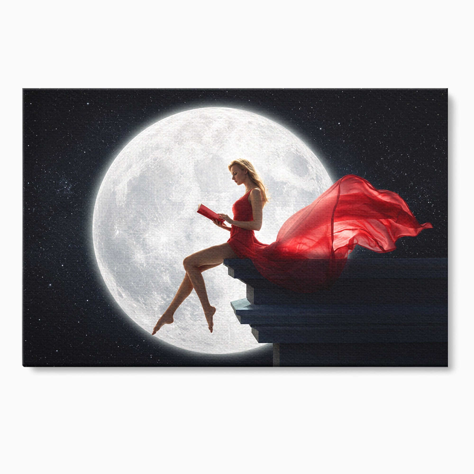 Tablou Canvas Premium LuxCanva® S1043, Femeie Citind Sub Luna Plina, Femeie, Luna, Citit, Noapte, Dormitor, Culori Vibrante
