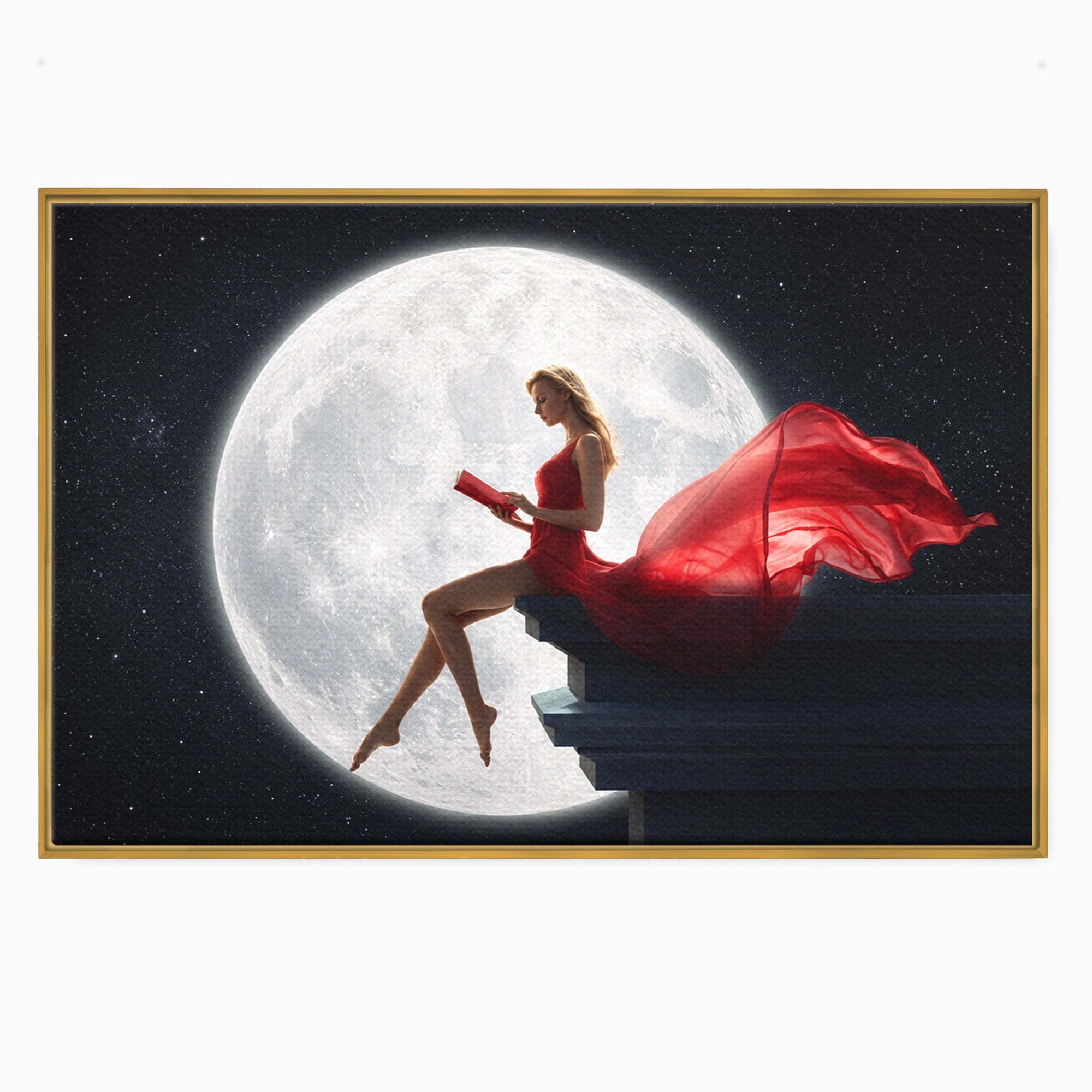 Tablou Canvas Premium LuxCanva® S1043, Femeie Citind Sub Luna Plina, Femeie, Luna, Citit, Noapte, Dormitor, Culori Vibrante