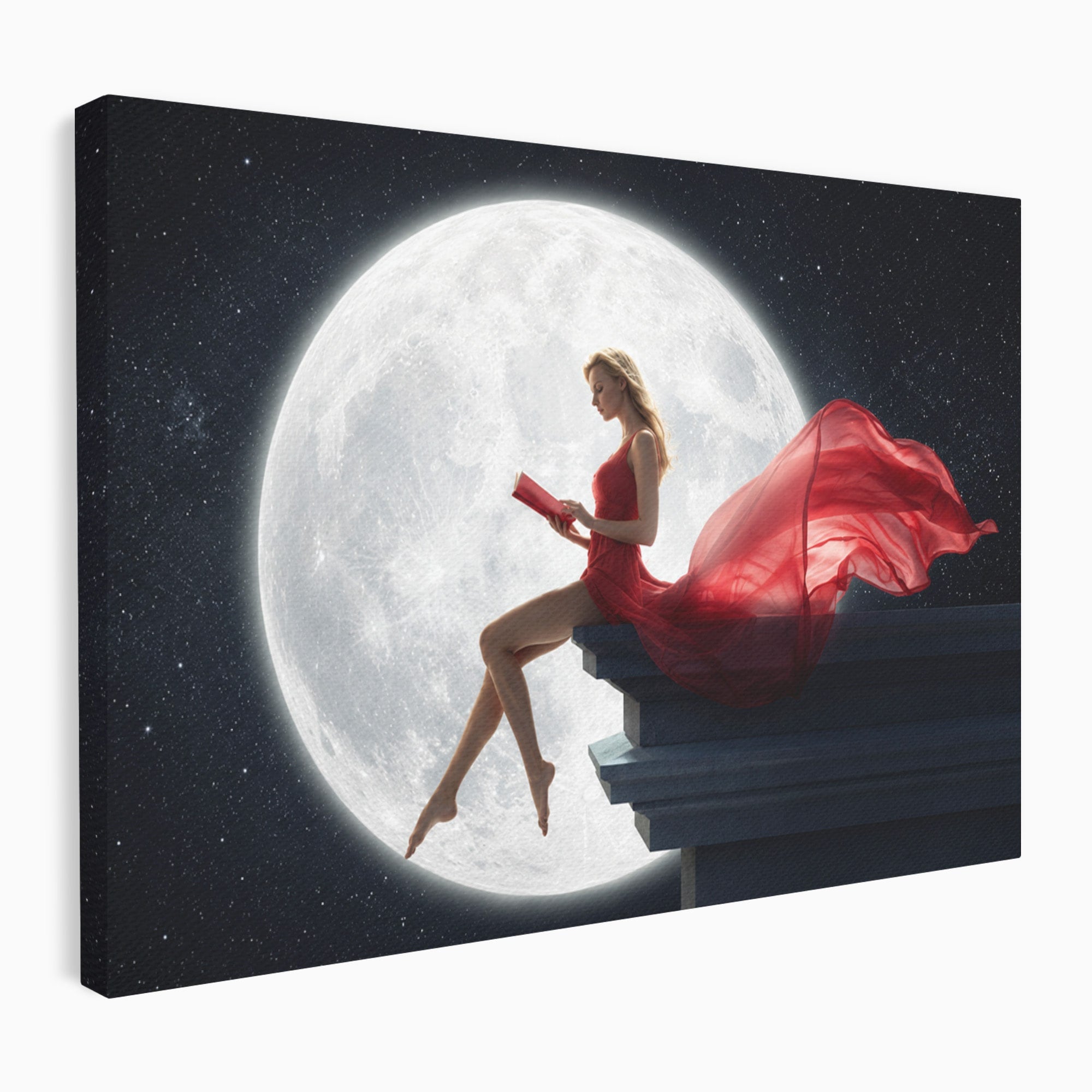 Tablou Canvas Premium LuxCanva® S1043, Femeie Citind Sub Luna Plina, Femeie, Luna, Citit, Noapte, Dormitor, Culori Vibrante