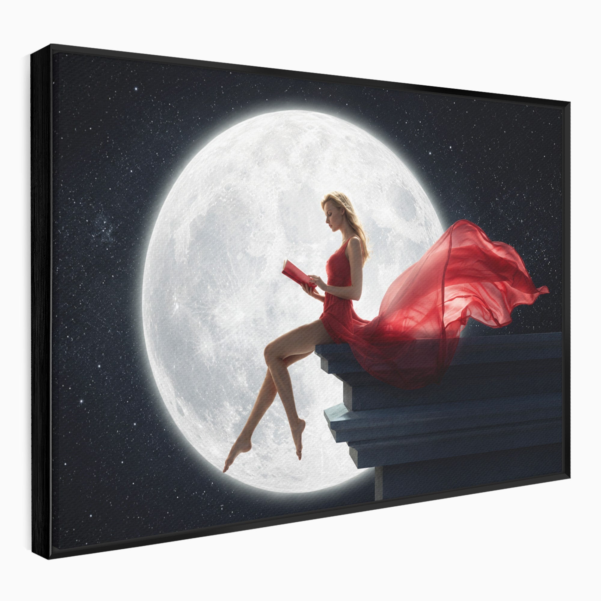 Tablou Canvas Premium LuxCanva® S1043, Femeie Citind Sub Luna Plina, Femeie, Luna, Citit, Noapte, Dormitor, Culori Vibrante