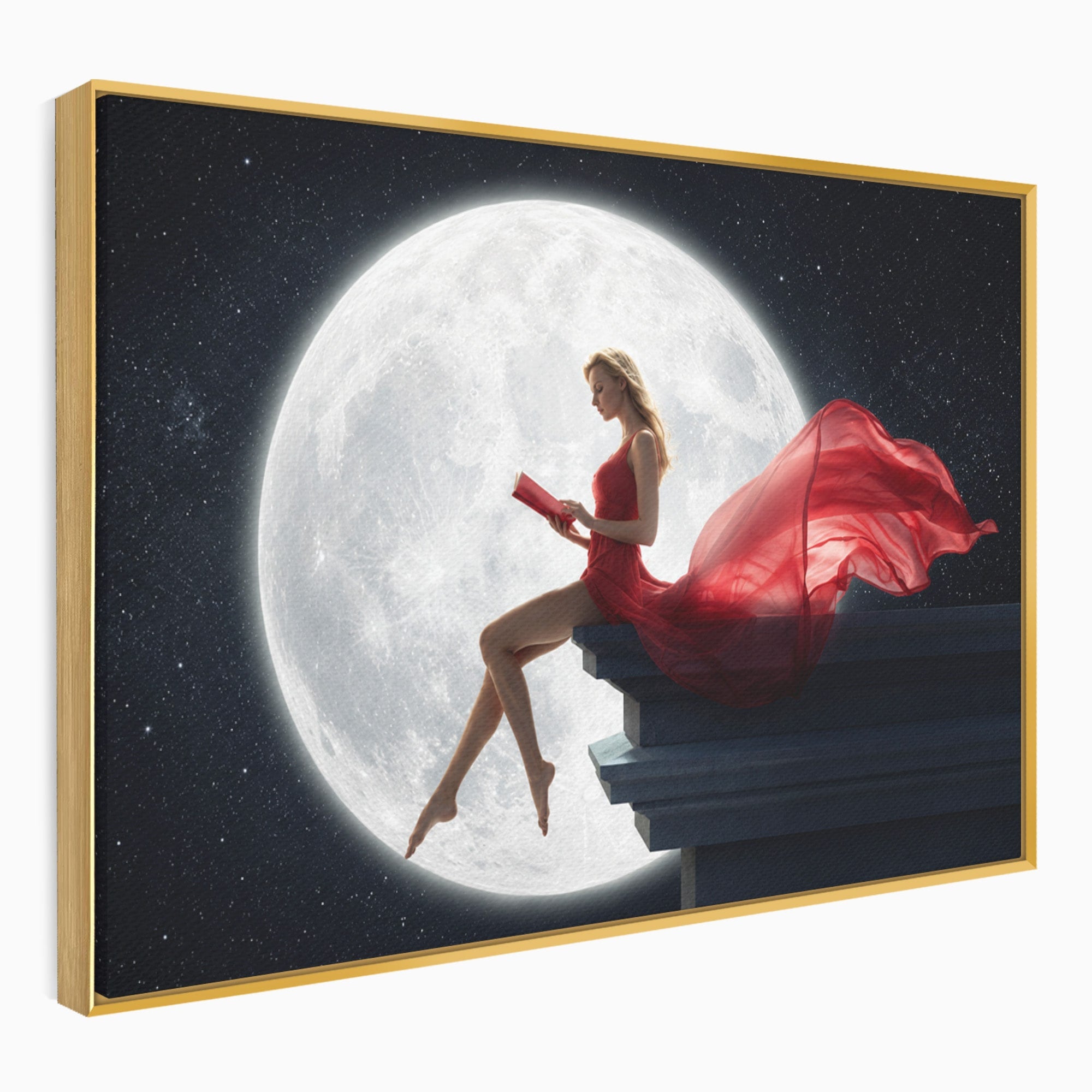 Tablou Canvas Premium LuxCanva® S1043, Femeie Citind Sub Luna Plina, Femeie, Luna, Citit, Noapte, Dormitor, Culori Vibrante