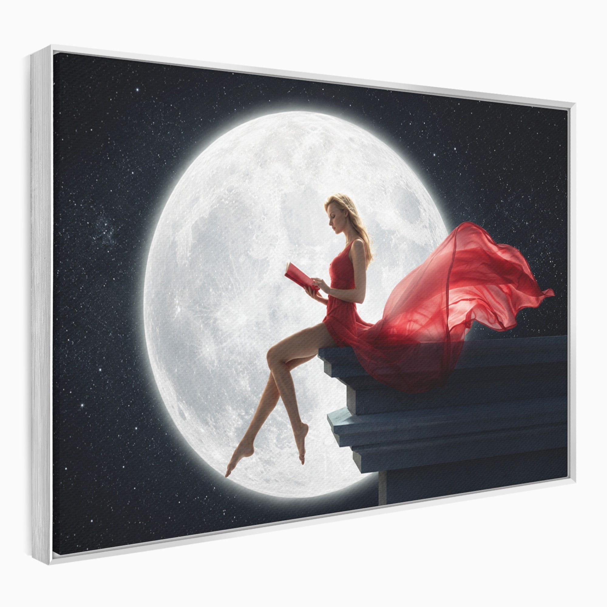 Tablou Canvas Premium LuxCanva® S1043, Femeie Citind Sub Luna Plina, Femeie, Luna, Citit, Noapte, Dormitor, Culori Vibrante
