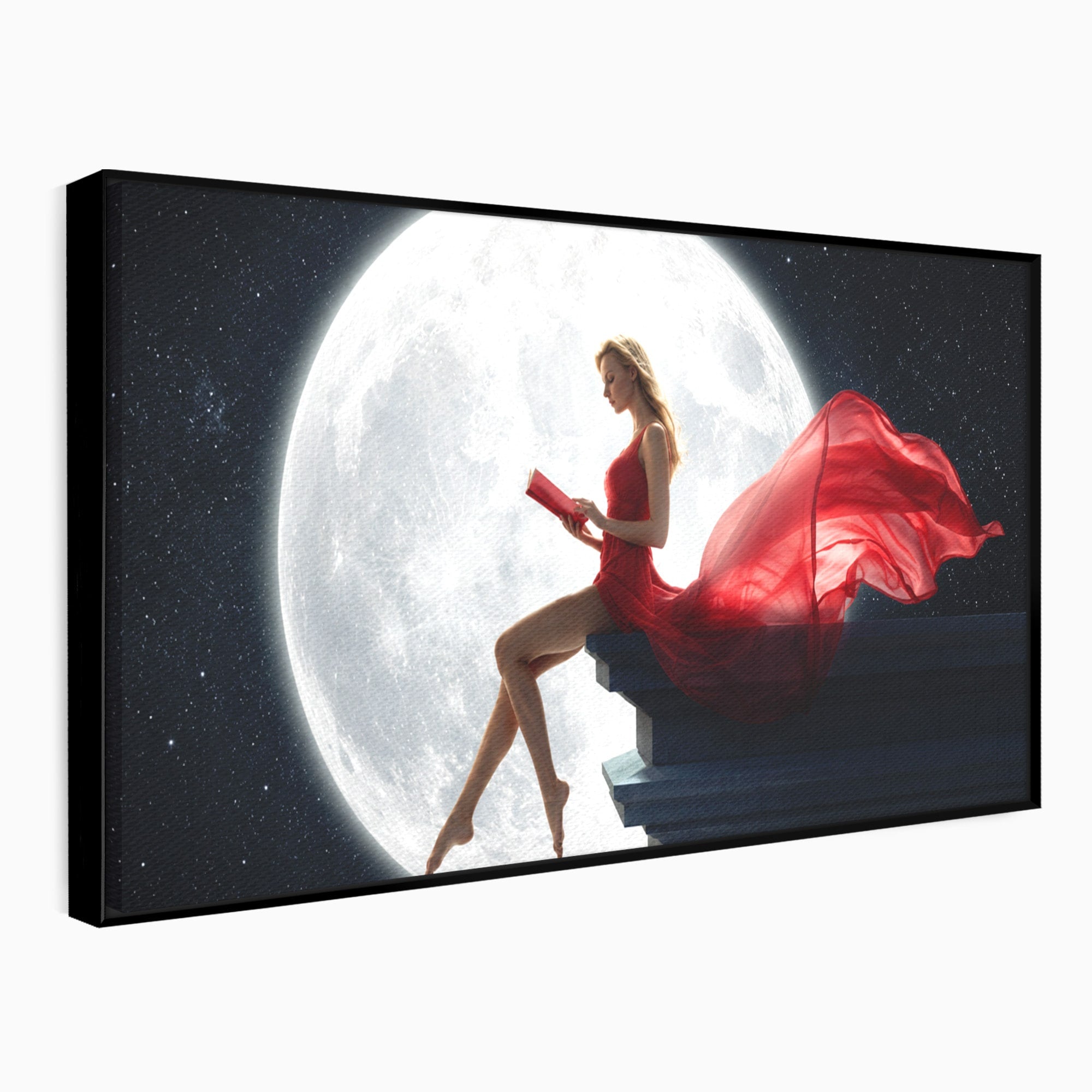 Tablou Canvas Premium LuxCanva® S1043, Femeie Citind Sub Luna Plina, Femeie, Luna, Citit, Noapte, Dormitor, Culori Vibrante