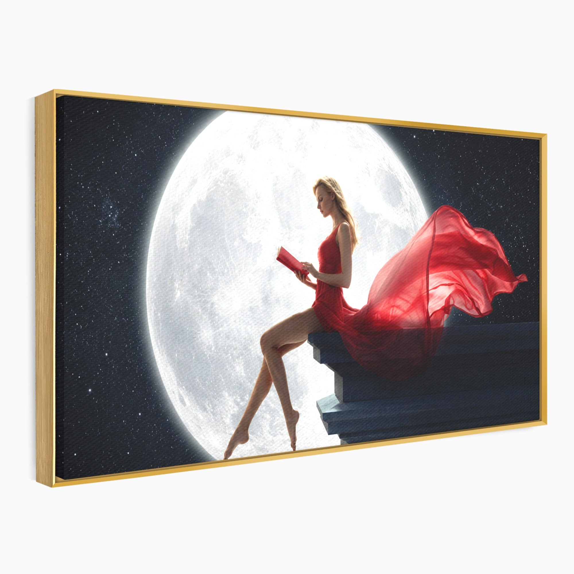 Tablou Canvas Premium LuxCanva® S1043, Femeie Citind Sub Luna Plina, Femeie, Luna, Citit, Noapte, Dormitor, Culori Vibrante