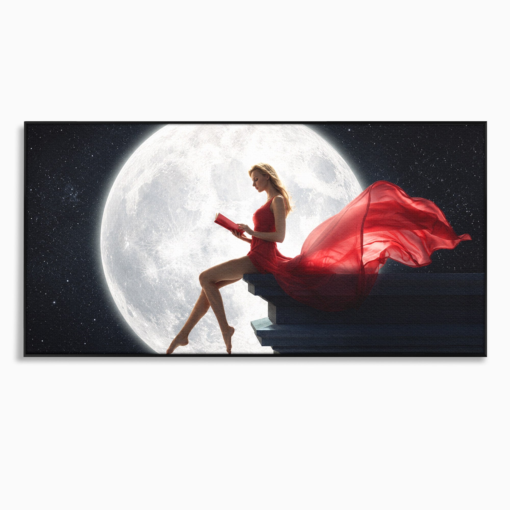 Tablou Canvas Premium LuxCanva® S1043, Femeie Citind Sub Luna Plina, Femeie, Luna, Citit, Noapte, Dormitor, Culori Vibrante