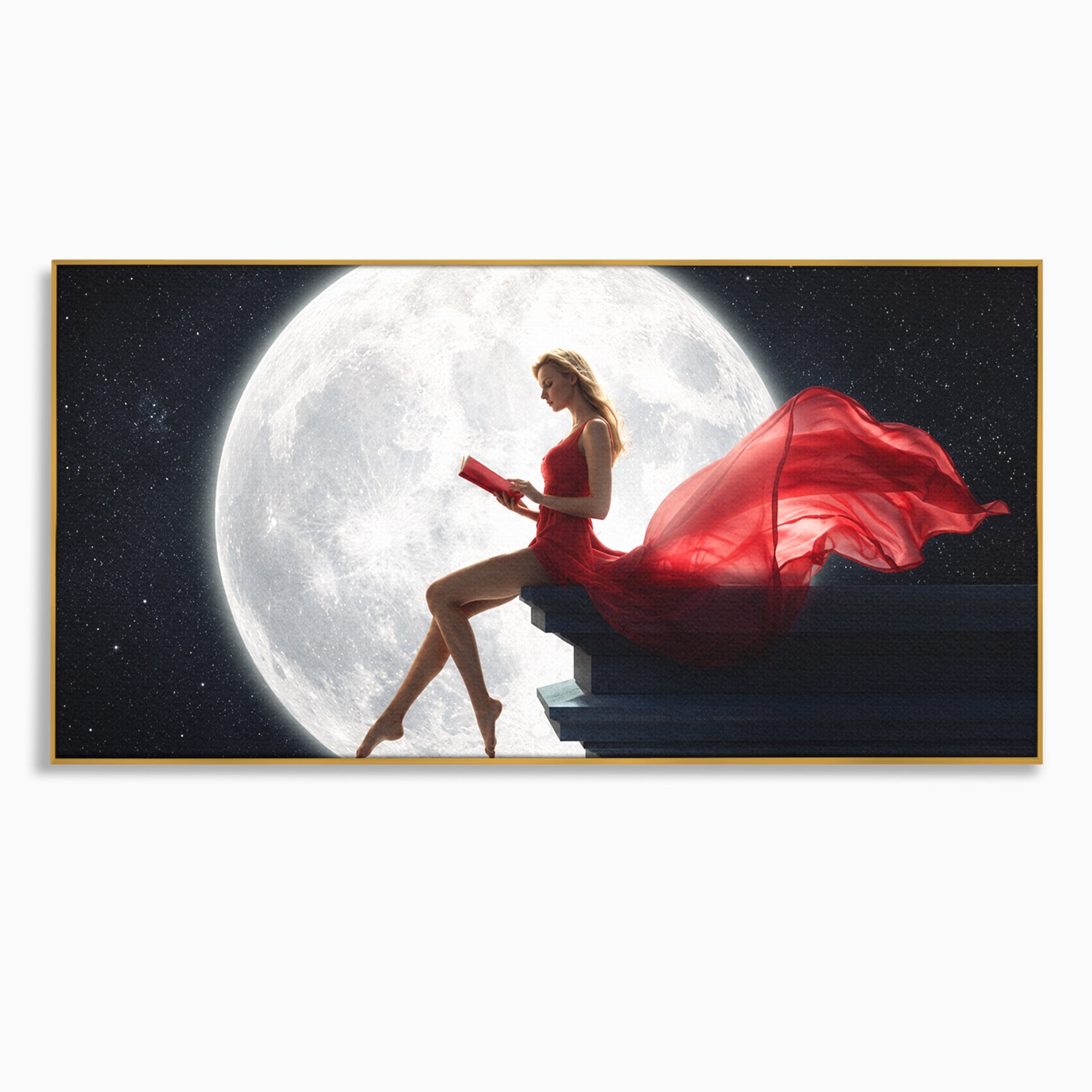 Tablou Canvas Premium LuxCanva® S1043, Femeie Citind Sub Luna Plina, Femeie, Luna, Citit, Noapte, Dormitor, Culori Vibrante