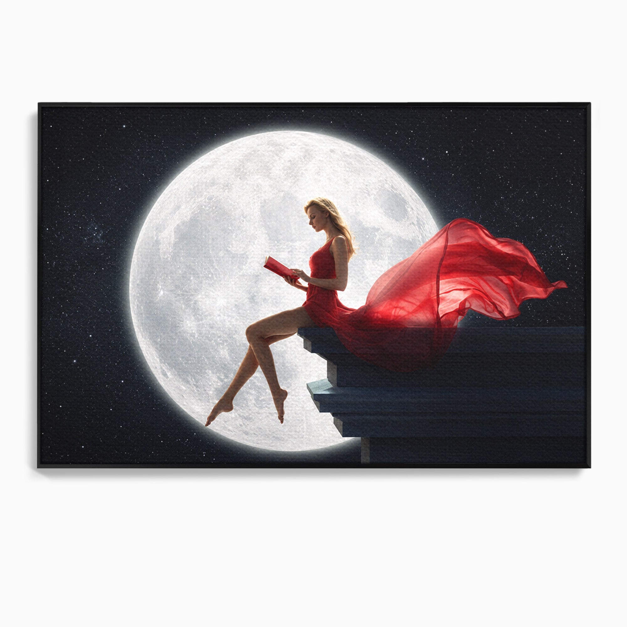 Tablou Canvas Premium LuxCanva® S1043, Femeie Citind Sub Luna Plina, Femeie, Luna, Citit, Noapte, Dormitor, Culori Vibrante