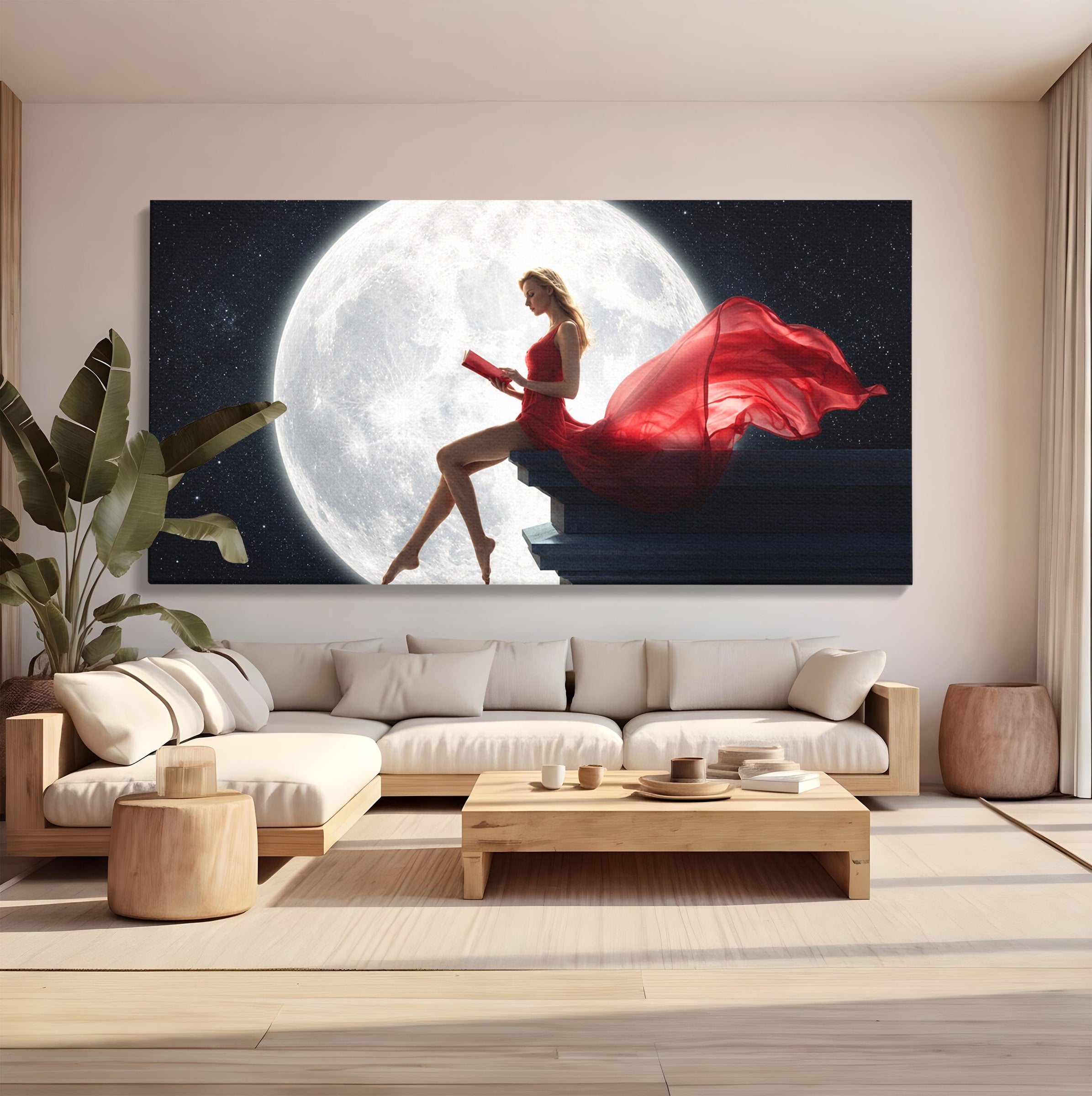 Tablou Canvas Premium LuxCanva® S1043, Femeie Citind Sub Luna Plina, Femeie, Luna, Citit, Noapte, Dormitor, Culori Vibrante