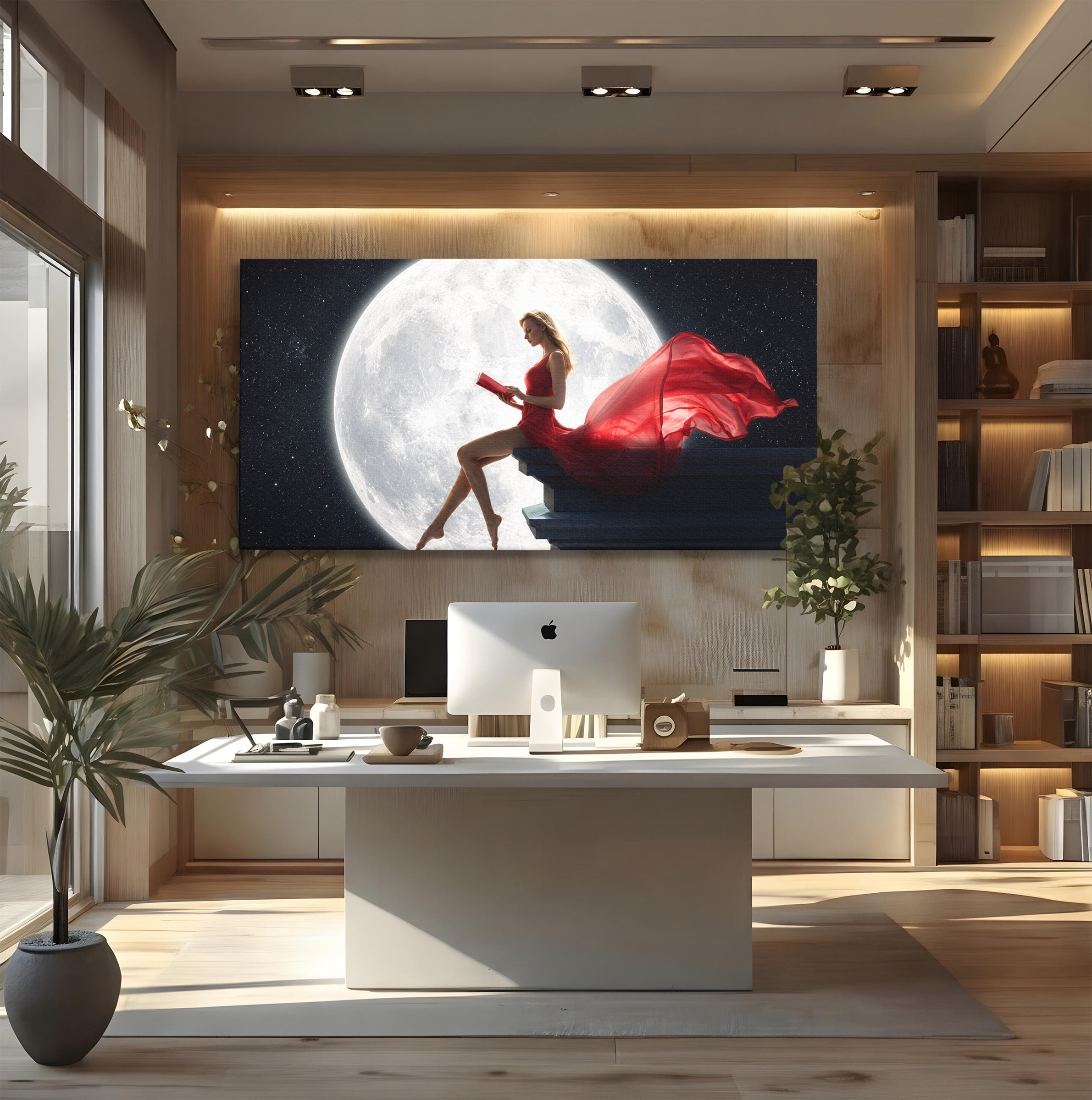 Tablou Canvas Premium LuxCanva® S1043, Femeie Citind Sub Luna Plina, Femeie, Luna, Citit, Noapte, Dormitor, Culori Vibrante