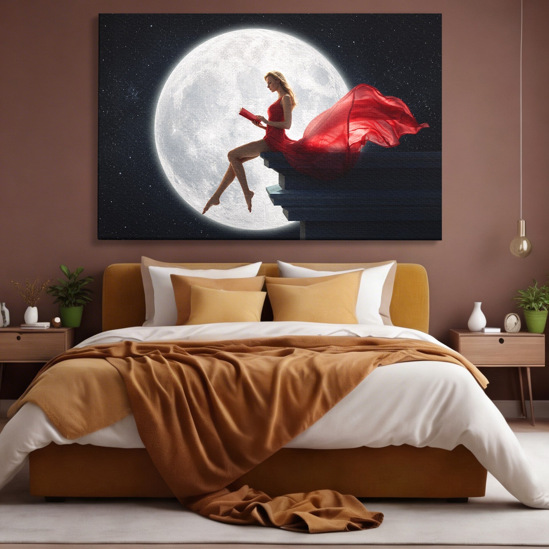 Tablou Canvas Premium LuxCanva® S1043, Femeie Citind Sub Luna Plina, Femeie, Luna, Citit, Noapte, Dormitor, Culori Vibrante