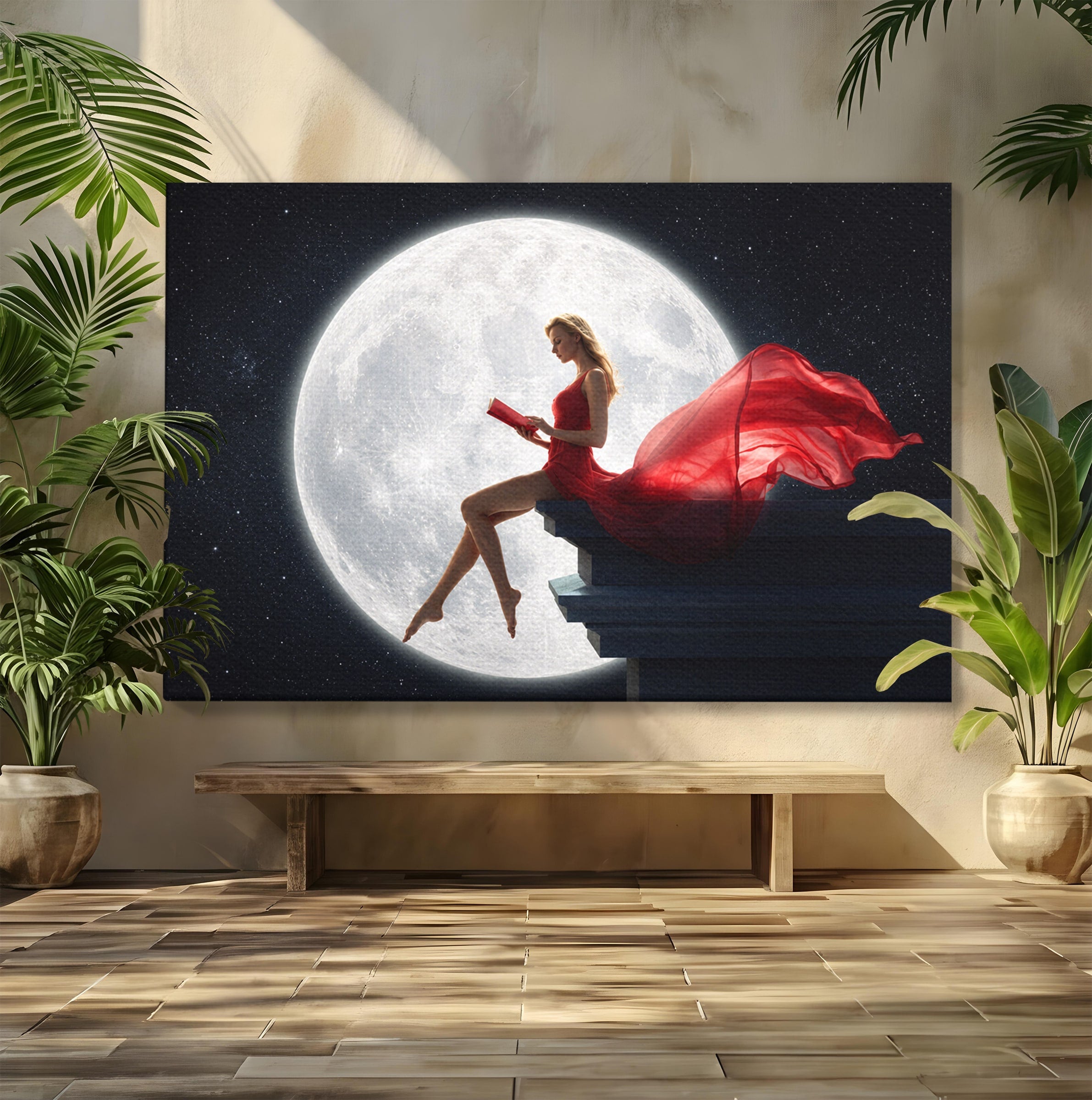 Tablou Canvas Premium LuxCanva® S1043, Femeie Citind Sub Luna Plina, Femeie, Luna, Citit, Noapte, Dormitor, Culori Vibrante