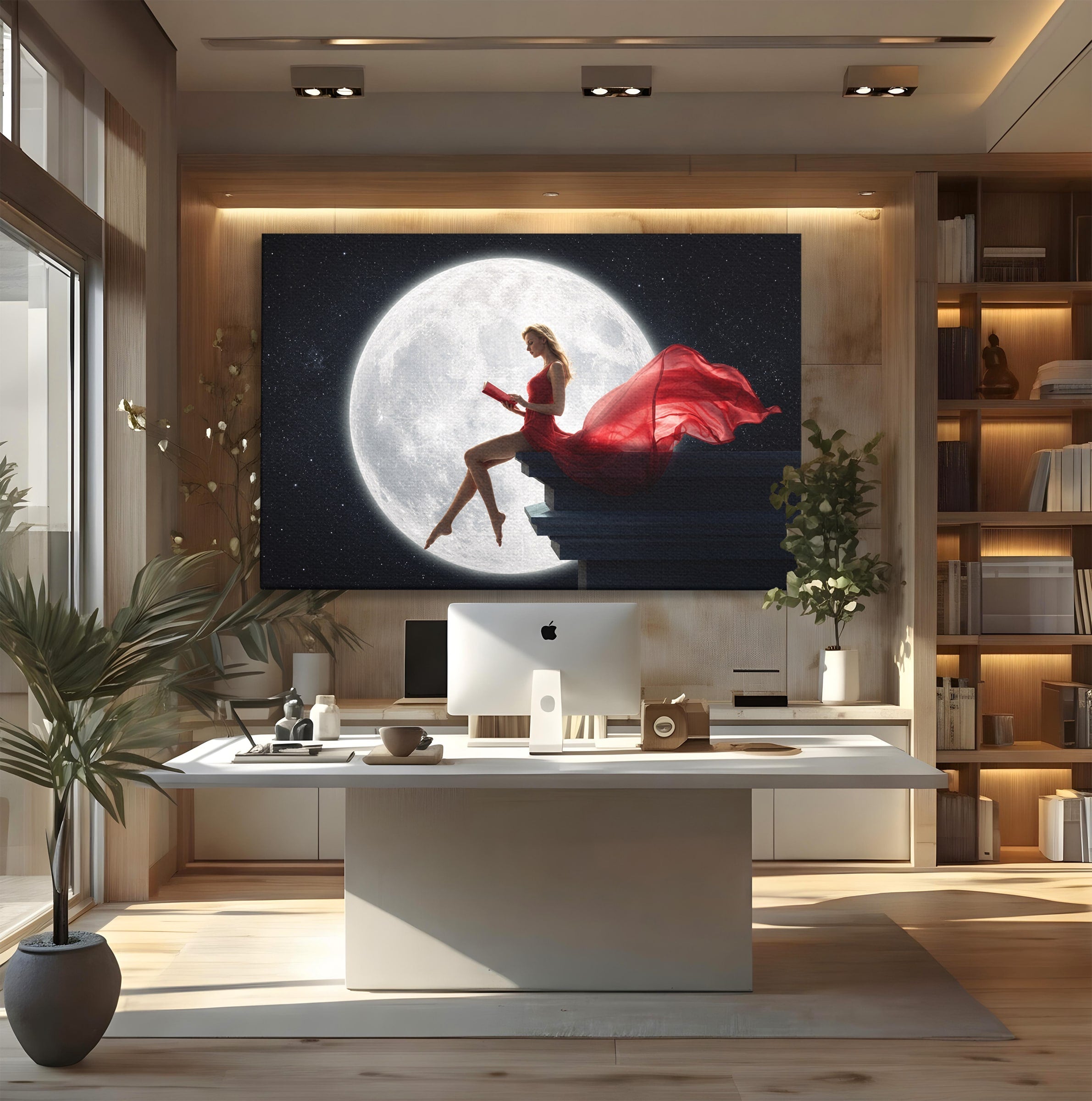 Tablou Canvas Premium LuxCanva® S1043, Femeie Citind Sub Luna Plina, Femeie, Luna, Citit, Noapte, Dormitor, Culori Vibrante