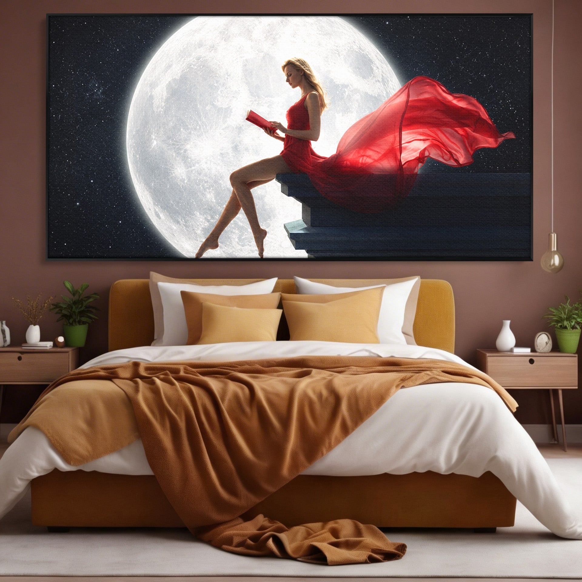 Tablou Canvas Premium LuxCanva® S1043, Femeie Citind Sub Luna Plina, Femeie, Luna, Citit, Noapte, Dormitor, Culori Vibrante